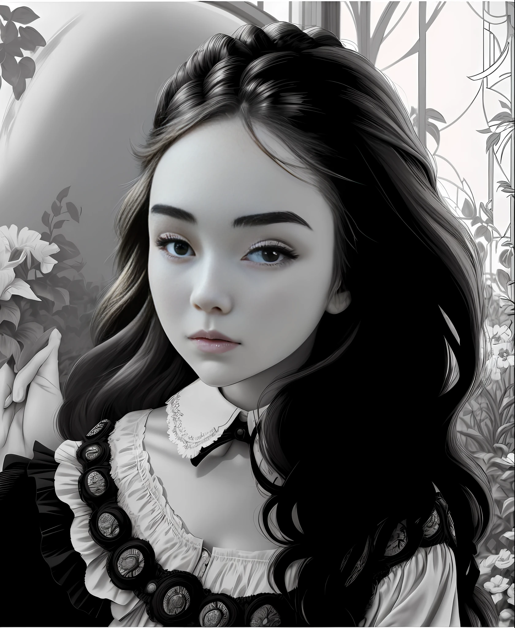 masterpiece, line art of a female character, Florence Pugh shocked expression, detailed country garden background, Art Deco designs,
style by double exposure, no shading, for coloring page, white space, no shadowing,