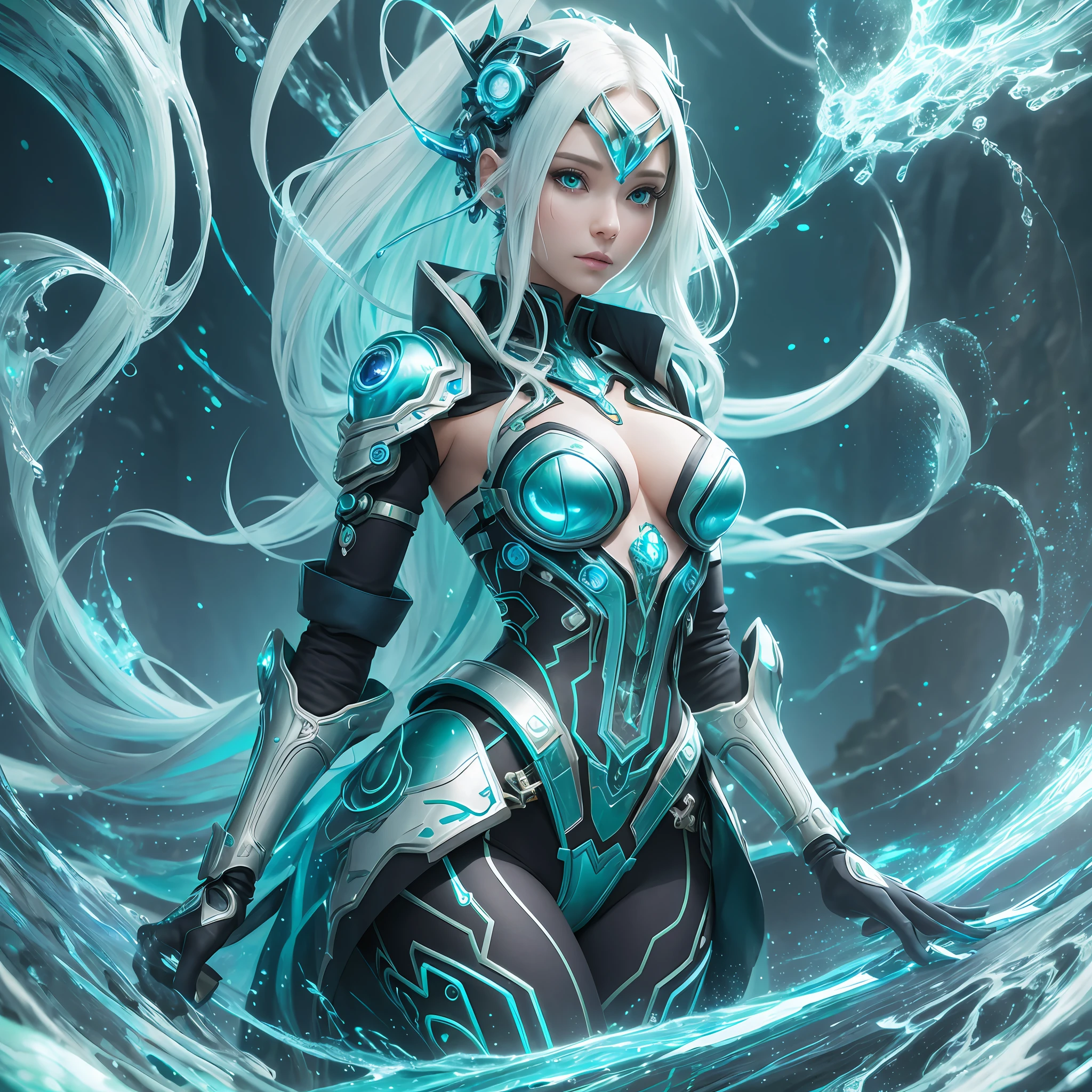 A stunningly detailed cyborg girl sorcerer, wearing a modest and elegant outfit, surrounded by mystical and magical elements sea green, green, white, blue colors, captured in ultra-high-resolution and best quality CG imagery. --auto --s2