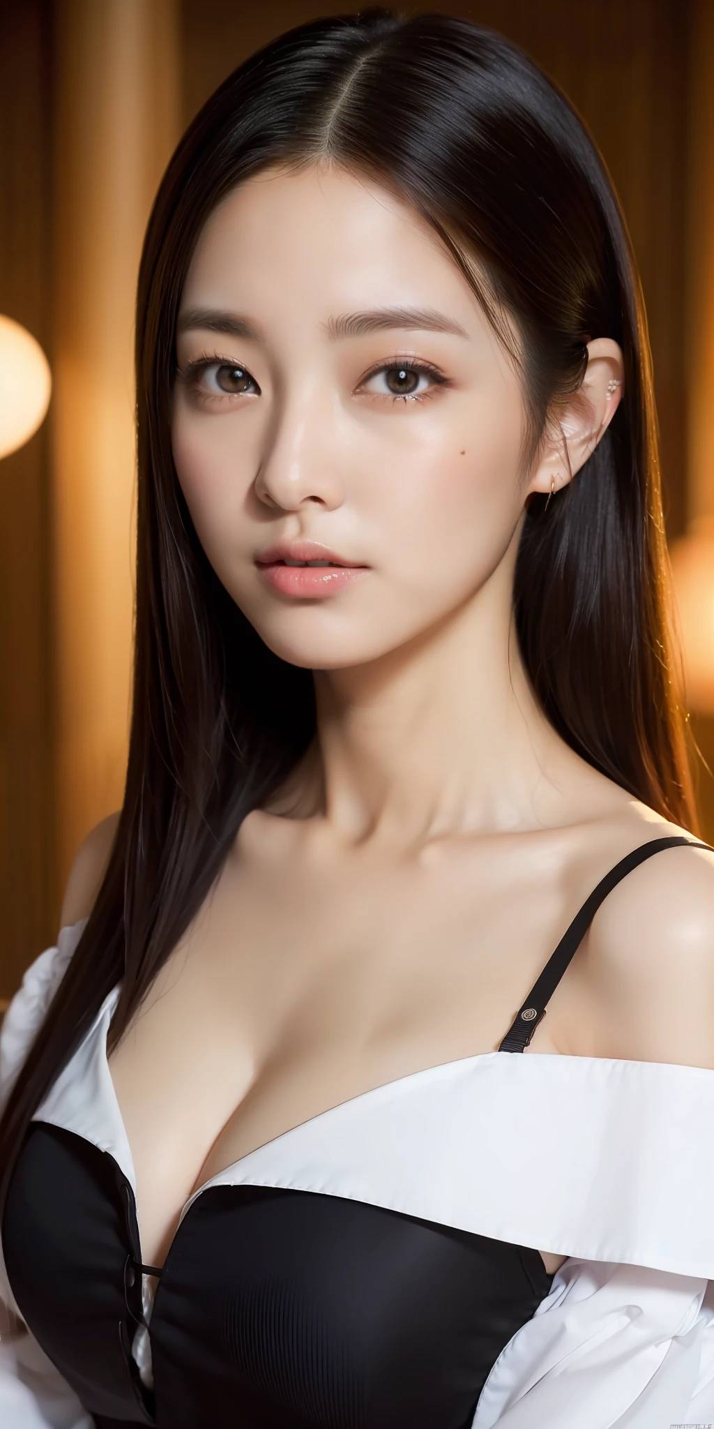 ((top quality, 8k, masterpiece: 1.3)), sharp focus: 1.2,1 Cute Japan Woman Pictures: 1.4, black hair, medium breasts, wearing a white blouse, extremely detailed eyes and face, sharp pupils, realistic pupils, sharp focus, ccinematic lighting, off-shoulder, cleavage