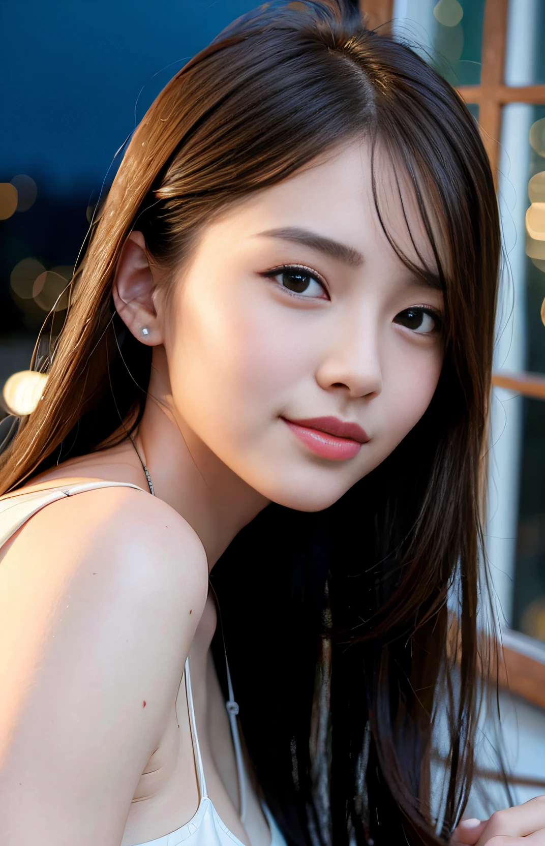 NSFW, (8k, best quality, masterpiece:1.2), (realistic, photo-realistic:1.37), ultra-detailed, 1 girl, cute, solo, beautiful detailed sky, detailed cafe, night, sitting, dating, (nose blush), (smile:1.15), (closed mouth) small breasts, beautiful detailed eyes, (collared shirt:1.1), night, wet, business attire, rain, white lace, (short hair:1.2), floating hair NovaFrogStyle,