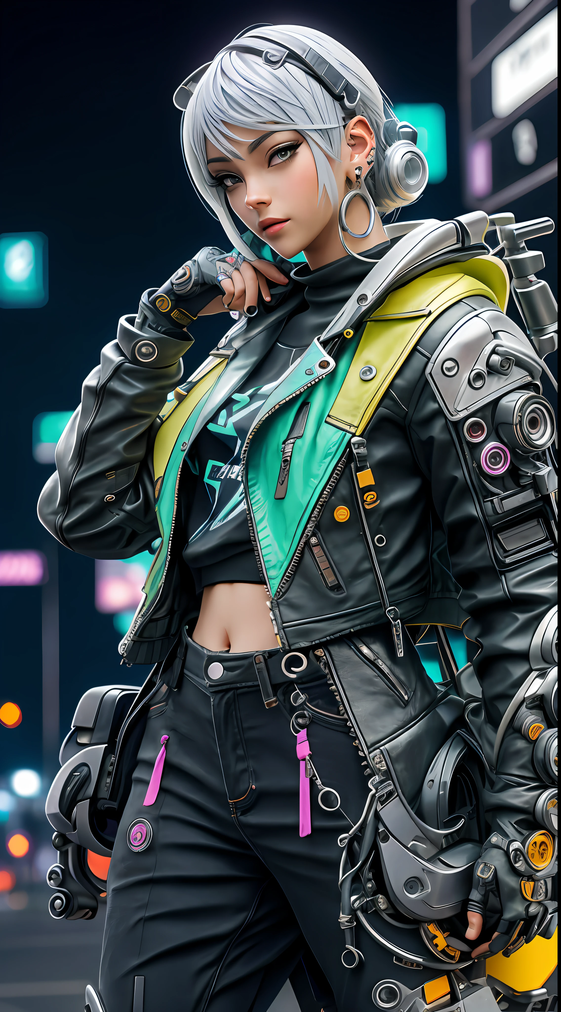 A woman with silver hair leaning next to a motorcycle, anime cyberpunk art, cyberpunk anime art, female cyberpunk anime girl, cyberpunk anime girl, fantasy cyberpunk girl, cyberpunk girl, anime cyberpunk, cyberpunk pretty girl, digital cyberpunk anime art, teen cyberpunk cyborg, neon punk, miss cyberpunk, high quality cyberpunk art, modern cyberpunk anime with busty and fine details, 8K wallpaper with city background,
