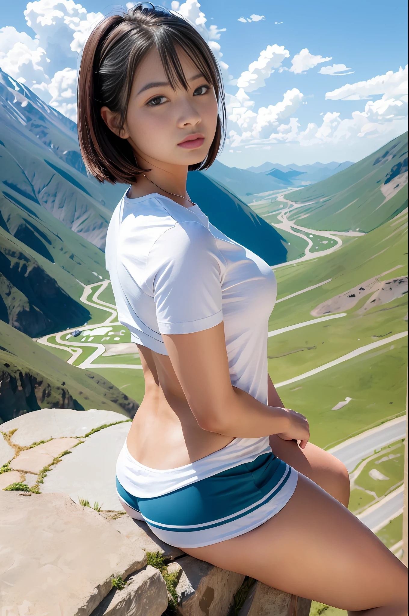 (masterpiece, best quality, 8K wallpaper, high definition, ultra-realistic), 1girl, solo, full body composition from afar, slender figure: 1.1, beauty, beautiful face, beautiful eyes, detailed face, detailed eyes, detailed nose, detailed mouth, short hair, black eyes, oversized t-shirt, belly shorts, comaneci pose, natural landscape photo; mountain climbing; there is a steep mountain range in the distance, Magnificent summer mountain scenery with a wonderful contrast of blue sky and white clouds. Camera = "Sony a7 IV";Lens="Tamron 28-200mm f/2.8-5.6 Di III RXD";" Aperture = f/6.3";" Shutter speed = 1/1600 sec";" ISO=100";