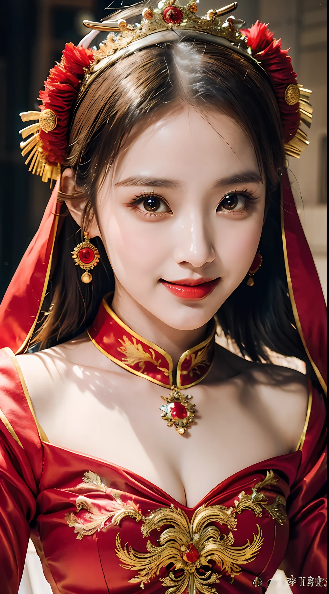 (8k, RAW Photo, Best Quality, Masterpiece: 1.2), (Realistic, Realistic: 1.37), 1 Girl, Woman in Red Dress and Headdress Posing for Photo, Gorgeous Role Play, Beautiful Costume, Chinese Dress, Complex Dress, Complex Costume, Traditional Beauty, Gorgeous Chinese Model, Chinese Costume, Wearing Gorgeous Costume, Wearing Elegant Chinese Xiuhe Dress, Chinese Wedding Dress, Phoenix Crown Xia Hanging, Antique Bride, Xiuhe Costume, Close Up, Wearing Phoenix Crown, Smile, No Watermark, Dragon and phoenix embroidered dress