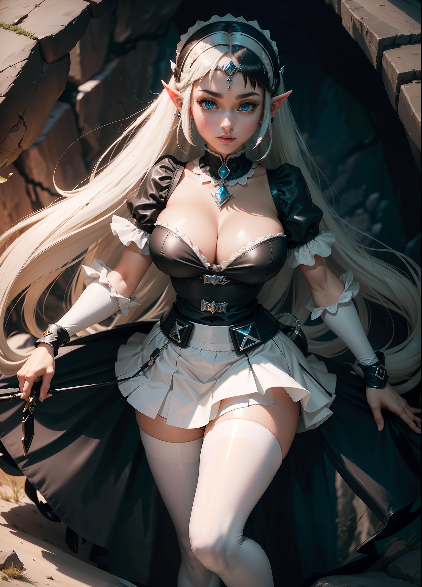 ((Full body, Princess Zelda as a humanoid skunk, big breasts)), in one ((black maid outfit with white skirt and white pantyhose with clip on skirt)), she has ((short black hair)) and ((blue eyes)), she is inside a cave, 16k, highres, best quality, award-winning, high details, anatomically correct, masterpiece, UHD, ccurate, retina