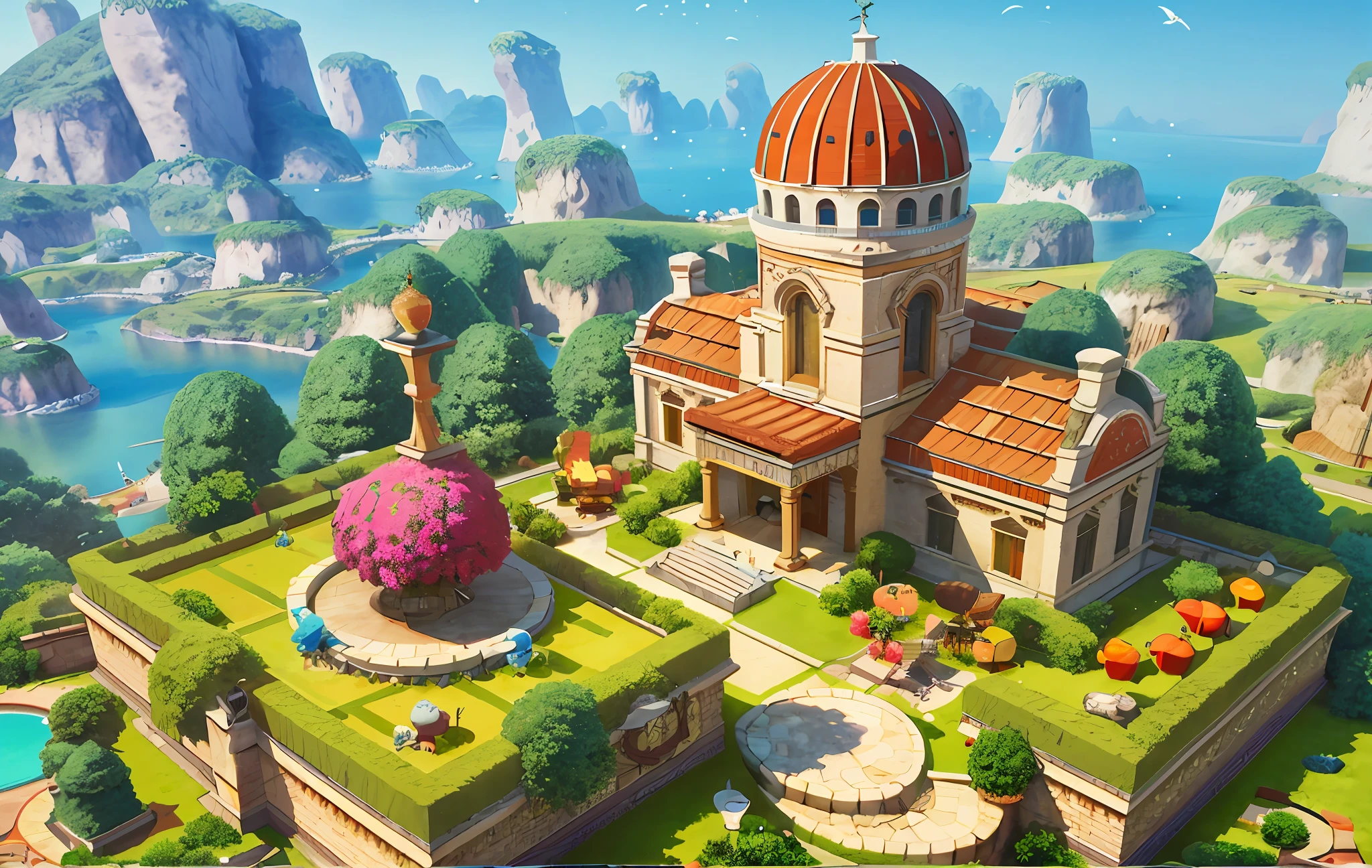 Cartoon style, polygon, game architectural design, fantasy, charming concert hall, large piano, bar, tables, Musical Instruments, stones, bricks, grass, flowers, trees, casual game style, creative, best details, cartoon style, 3d, blender, masterpiece, best quality, cartoon rendering, 8K
