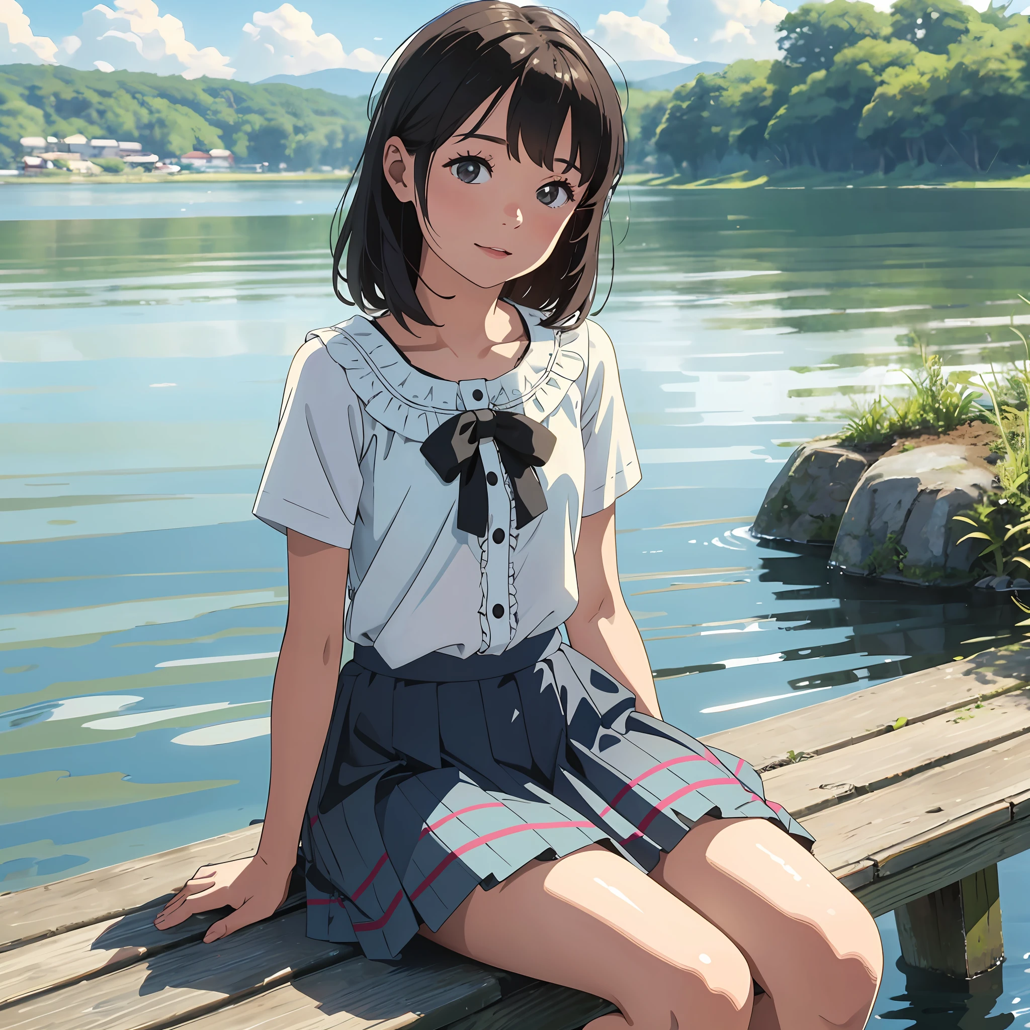 Country style, fresh and natural, sitting on the pier, the river is rippling, the little girl is wearing a skirt, relaxed and relaxed, enjoying the good time of summer. --auto --s2
