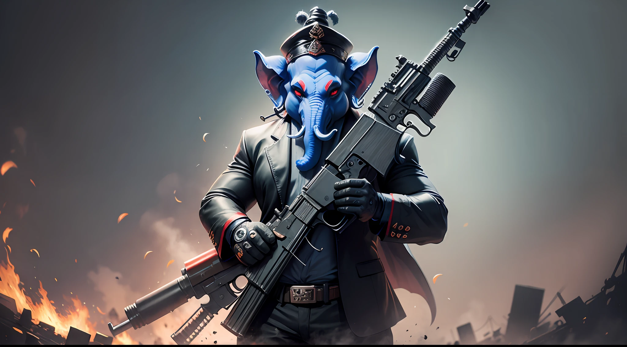 evil gangster ganesha, using ak47, dark art,4k --auto --s2