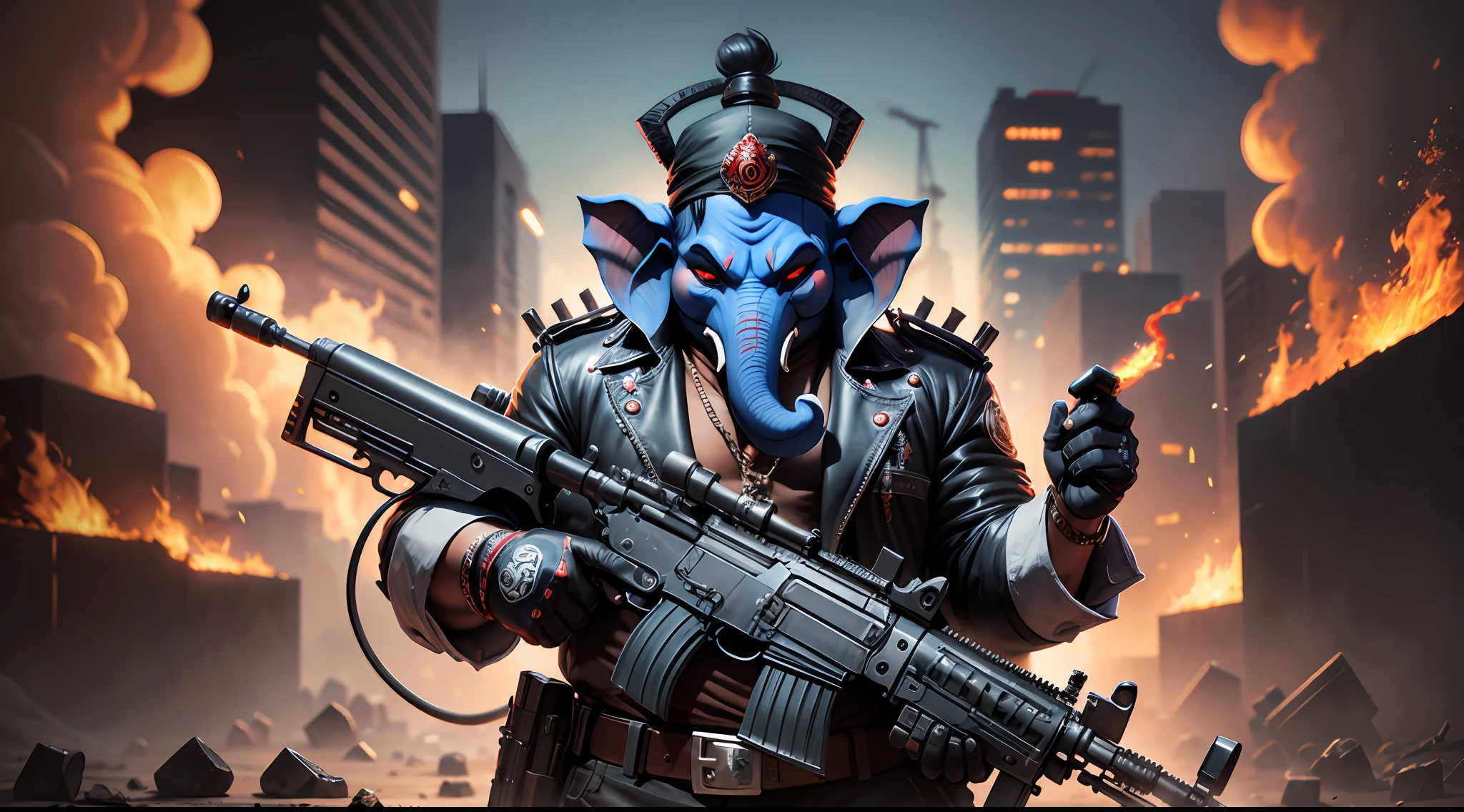 evil gangster ganesha, using ak47, dark art,4k --auto --s2