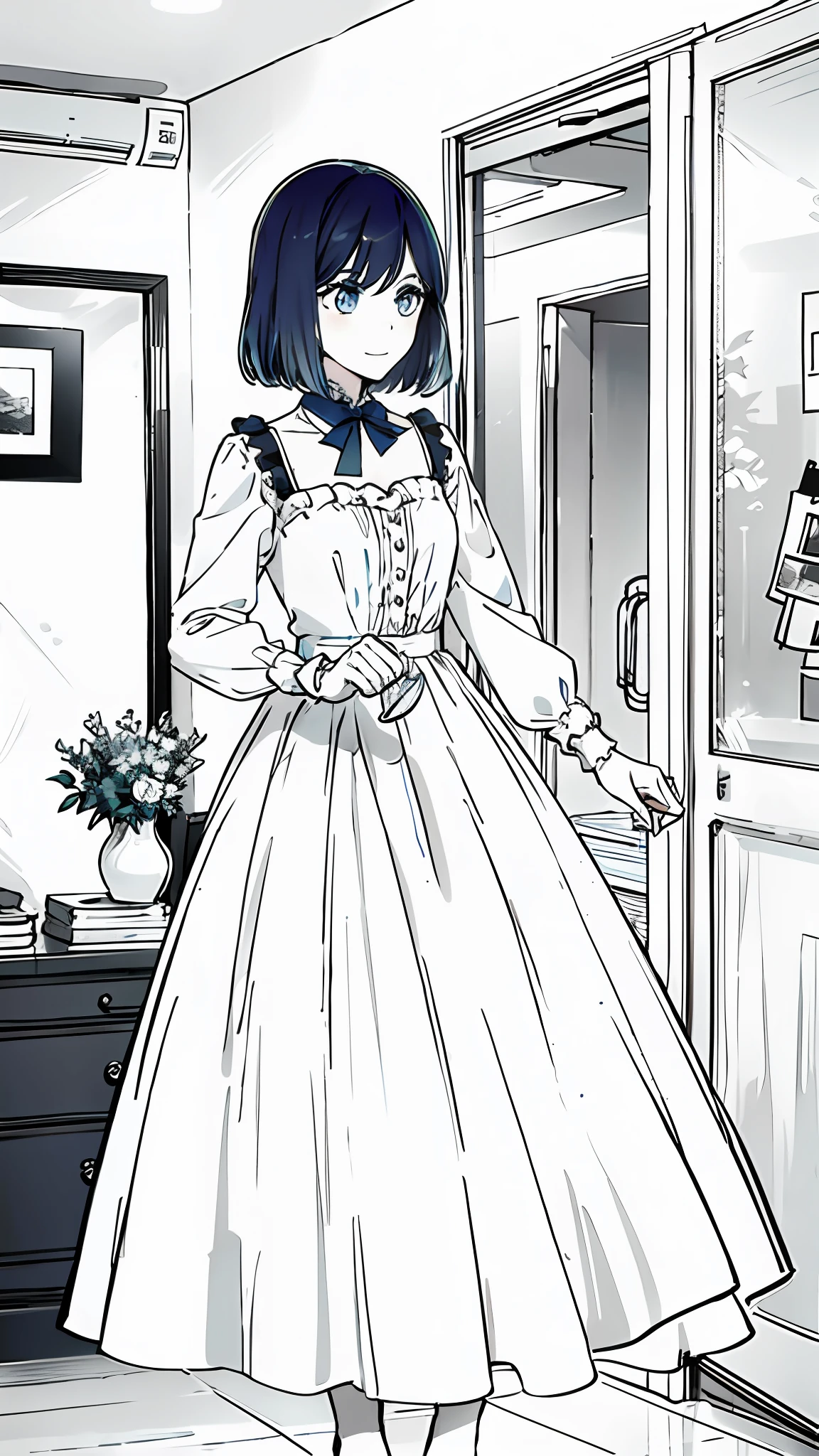 masterpiece, best quality, 1woman, solo, short_hair, looking_down, smile, bangs, dress, sleveless , dress, bow, holding, closed_mouth, pencil, lineart, monochrome, adult_woman, long_dress, long_plain_dress, long_black_dress, medium_breasts, blue_hair, blue_eyes, monochrome_clothing, monochrome_surroundings
