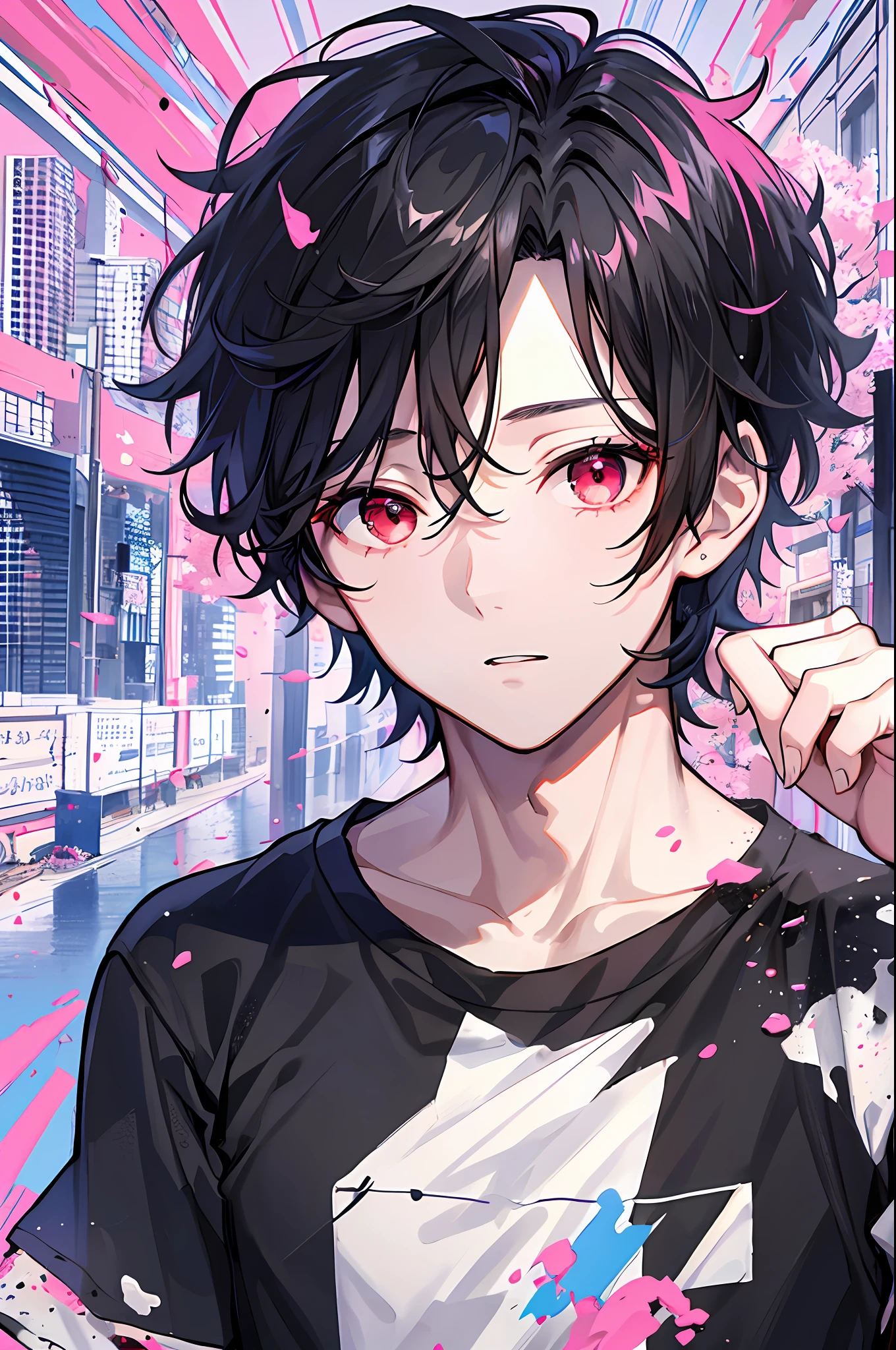 1 boy, handsome boy, black hair, comma hair, forehead comma hair, korean hair, Red eyes, T shirt, pink and blue splash, looking at viewer, upper body
