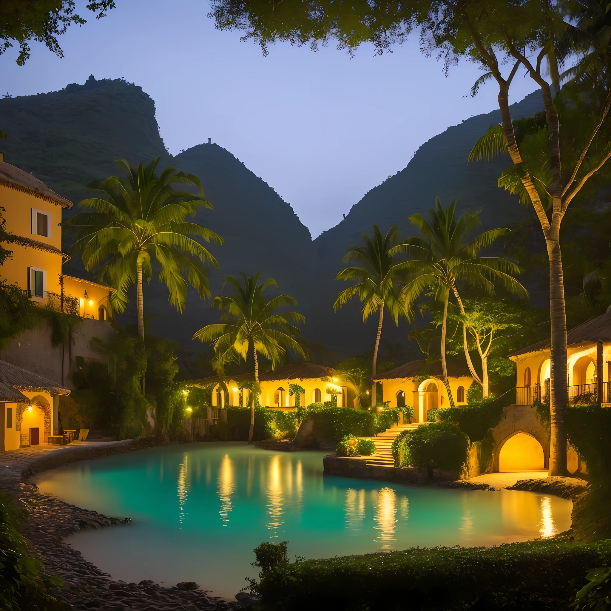 Portrait of an italian village in a tropical forest at night with a tropical beach far in the horizon, focus, realistic, perfect, lake, white beach, european castle, slight fog