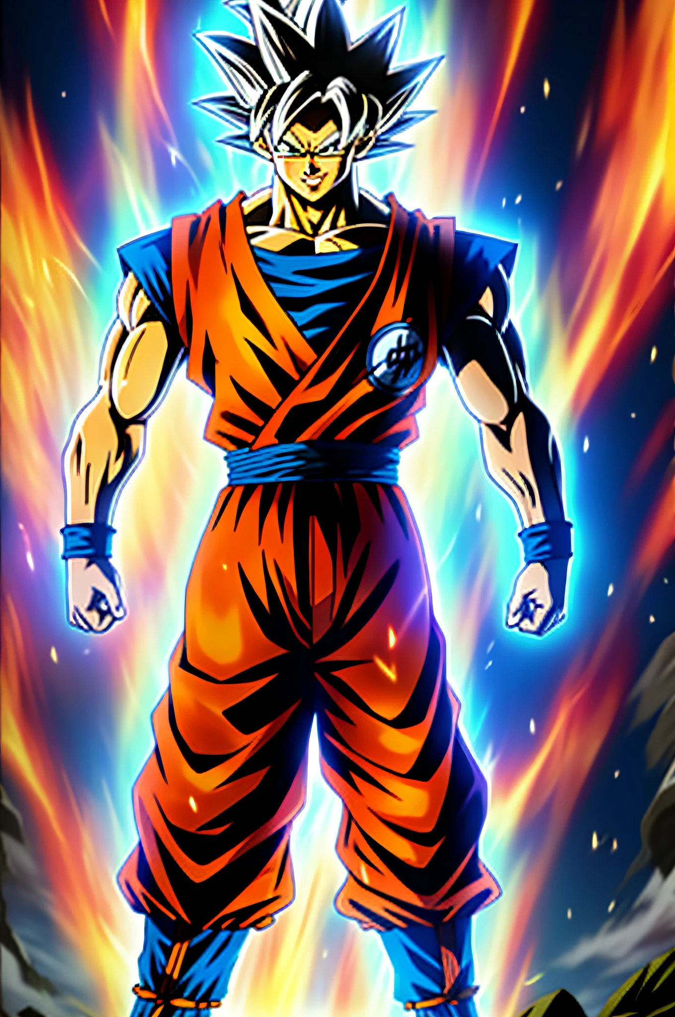 son_goku, ultra_instinct, full_body, realism, smile, action_pose, aura