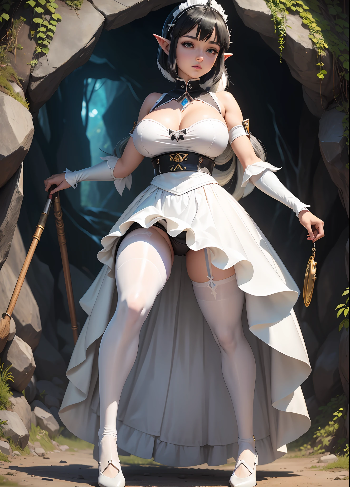 ((Full body, Princess Zelda as a humanoid skunk, big breasts)), in one ((black maid outfit with white skirt and white pantyhose with clip on skirt)), she has ((short black hair)) and ((blue eyes)), she is inside a cave, 16k, highres, best quality, award-winning, high details, anatomically correct, masterpiece, UHD, ccurate, retina