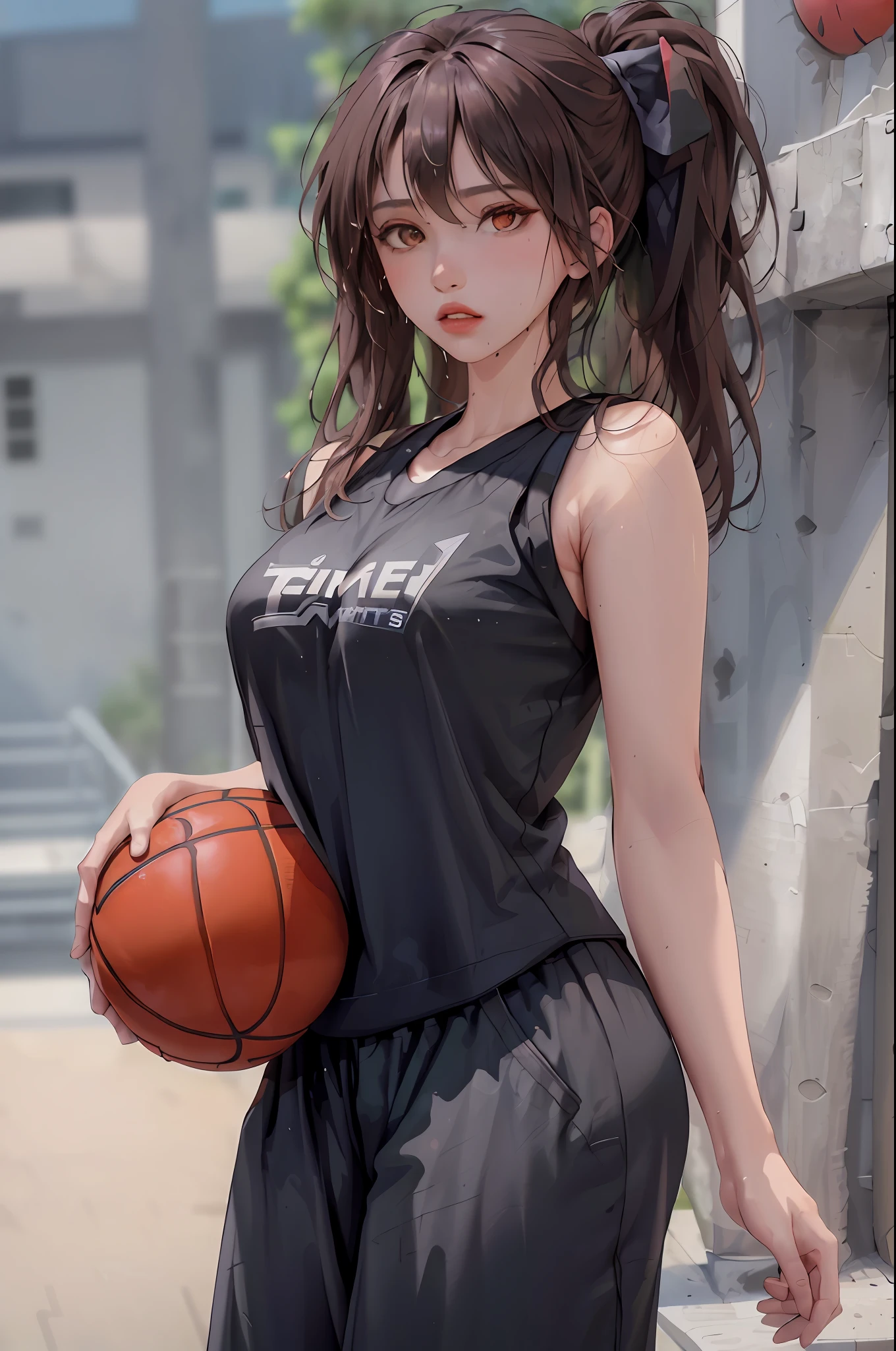 Masterpiece: 1.2, best quality), realistic, (real picture, rich details details, depth of field), (1girl, solo), makeup, cleft lip, high detail, perfect face shape, (small breasts: 1.4), (skindentation), thick thighs, Wide hips, thin waist, tall, coral, red lips, red eyes, ponytail, ((((basketball girl, loose clothes, black basketball suit, mid-length pants))), (sweat: 1.2), (wet), blushing, sweaty, long legs