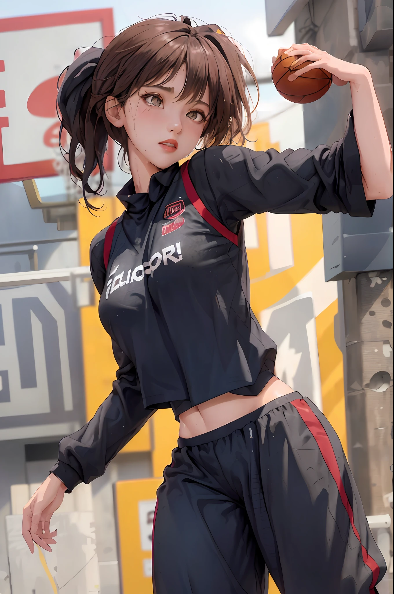 Masterpiece: 1.2, best quality), realistic, (real picture, rich details details, depth of field), (1girl, solo), makeup, cleft lip, high detail, perfect face shape, (small breasts: 1.4), (skindentation), thick thighs, Wide hips, thin waist, tall, coral, red lips, red eyes, ponytail, ((((basketball girl, loose clothes, black basketball suit, mid-length pants))), (sweat: 1.2), (wet), blushing, sweaty, long legs