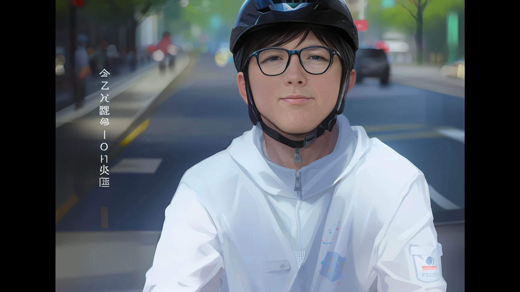 There is a man wearing a helmet riding a bicycle on the street. , masami suda