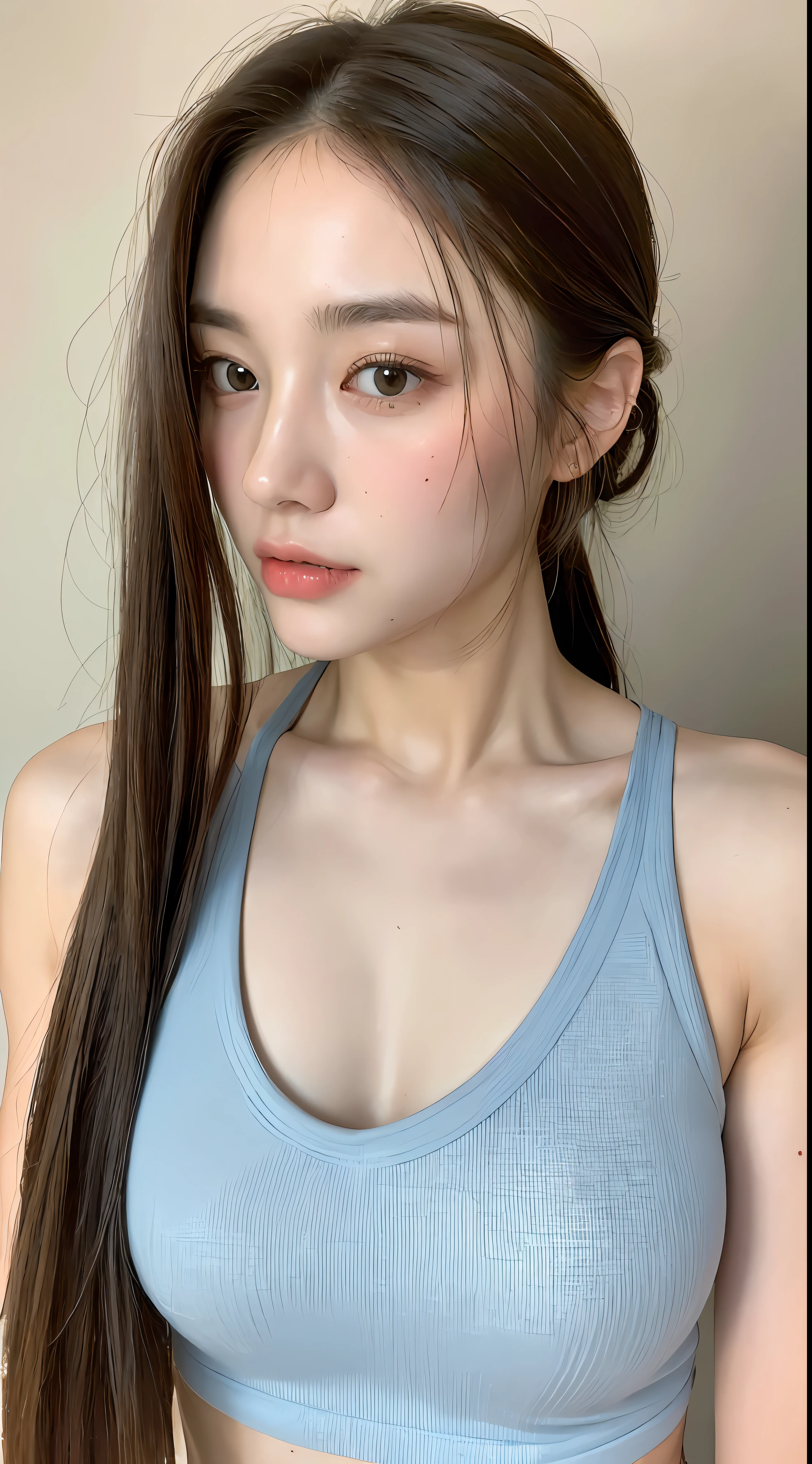 ((Best quality, 8k, Masterpiece :1.3)), 1girl, Pretty woman with emphasizing slender abs :1.3, (random hairstyles :1.2), Oversized tank top :1.2, Ultra-detailed face, Detailed eyes, Double eyelid