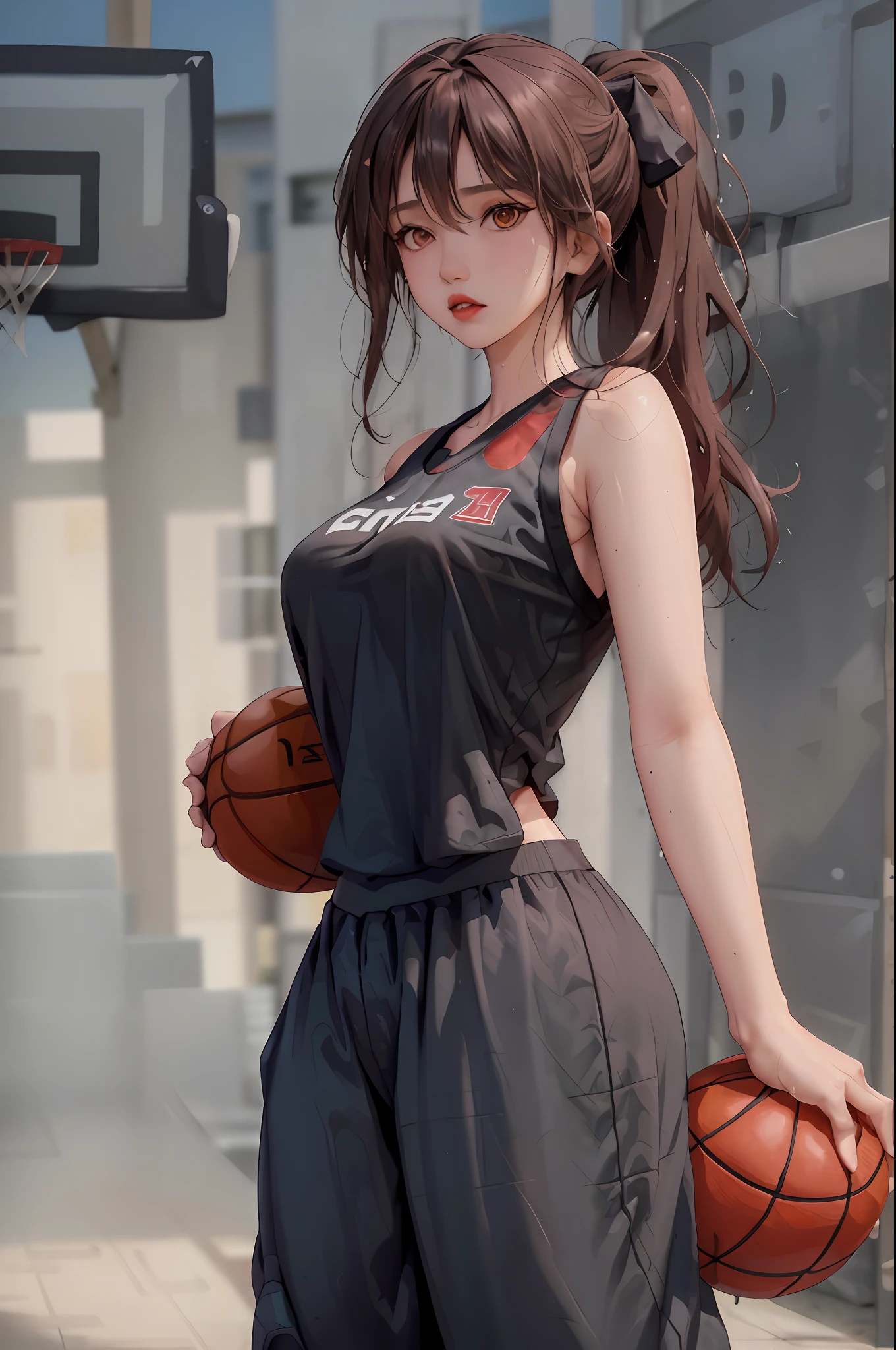 Masterpiece: 1.2, best quality), realistic, (real picture, rich details details, depth of field), (1girl, solo), makeup, cleft lip, high detail, perfect face shape, (small breasts: 1.4), (skindentation), thick thighs, Wide hips, thin waist, tall, coral, red lips, red eyes, ponytail, ((((basketball girl, loose clothes, black basketball suit, mid-length pants))), (sweat: 1.2), (wet), blush, sweaty, long legs, stockings