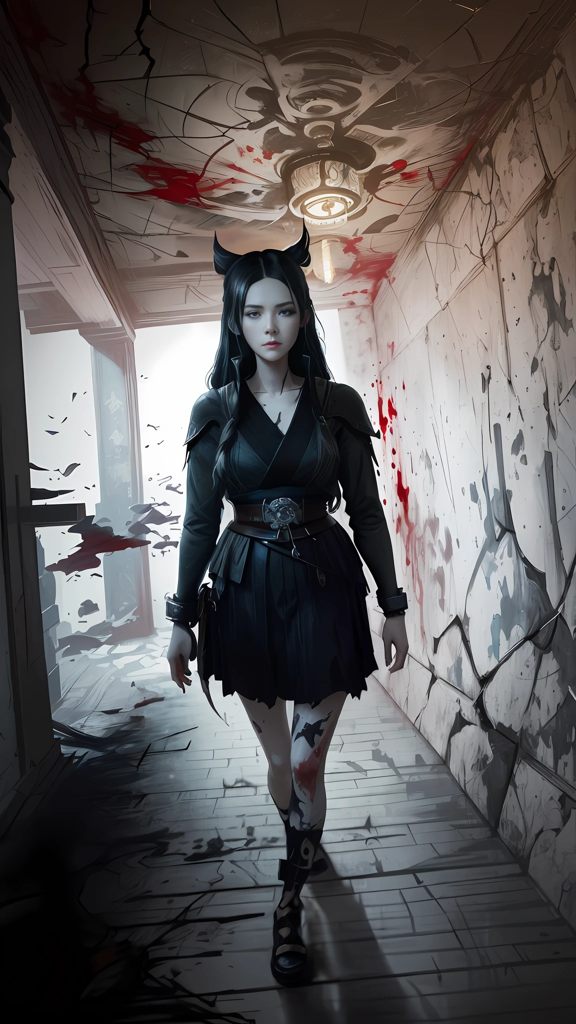 there is a woman walking in a room with blood on her face, bloody + concept art, artwork in the style of guweiz, eerie art style, guweiz on pixiv artstation, guweiz on artstation pixiv, detailed 4k horror artwork, dark fantasy horror art, dark fantasy style art, deviantart artstation cgscosiety