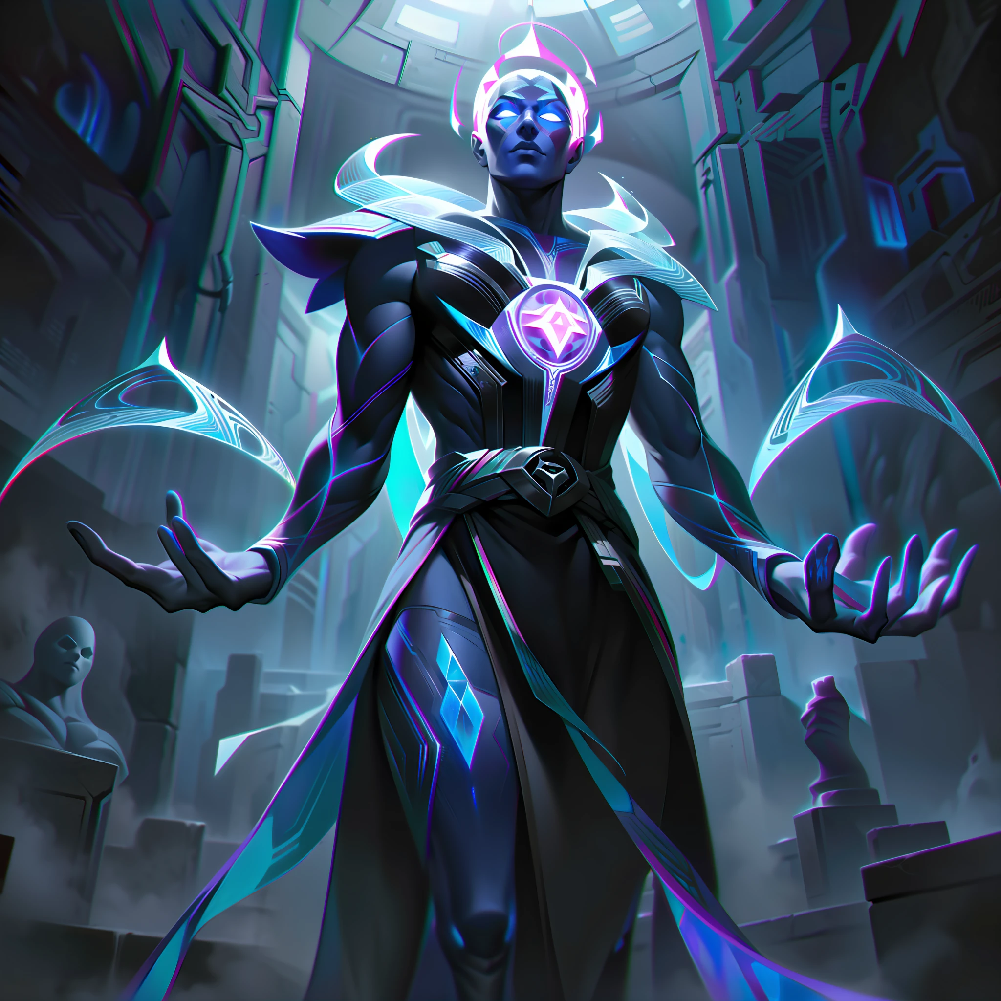 Epsilon, the Psionic Guardian, is depicted in his splashart as a powerful and enigmatic figure, harnessing the ability to solidify anti-energy and amplify psionic powers. The scene is set in a vast, otherworldly chamber where pulsating energy flows and ancient symbols adorn the walls.

Epsilon possesses an imposing and ethereal presence. His body emits an iridescent glow, with intricate patterns etched onto his skin, symbolizing his connection to the psionic realm. He stands tall, his form exuding an aura of strength and determination. He wears a flowing robe, adorned with symbols representing his mastery over anti-energy and psionic augmentation.

With outstretched hands, Epsilon manipulates the energies around him. Anti-energy, taking the form of dark, swirling mist, emanates from his palms, coalescing into solidified structures of crackling, ethereal matter. These anti-energy constructs exhibit intricate and complex geometrical shapes, representing the augmentation of psionic powers. They hover and rotate around Epsilon, radiating a pulsating glow of contrasting colors, blending dark purples with vibrant blues.

Epsilon's eyes shine with an intense brilliance, reflecting his deep connection to psionic energies. His expression is focused and serene, embodying his mastery and control over his own powers and the ability to amplify the psionic abilities of others.

The chamber in the background of the splashart is filled with arcane symbols and floating fragments of energy. Rays of vibrant light pierce through cracks in the walls, illuminating the space and creating a sense of otherworldly power. The chamber is a testament to the ancient knowledge and immense psionic potential that Epsilon safeguards.

The color palette is a fusion of deep purples, vibrant blues, and shimmering silver, splashart, linhas de corpo, cores vibrantes, detalhes requintados, cinematográfico, artstation, rosto detalhado, por rossdraws, por Kienan Lafferty