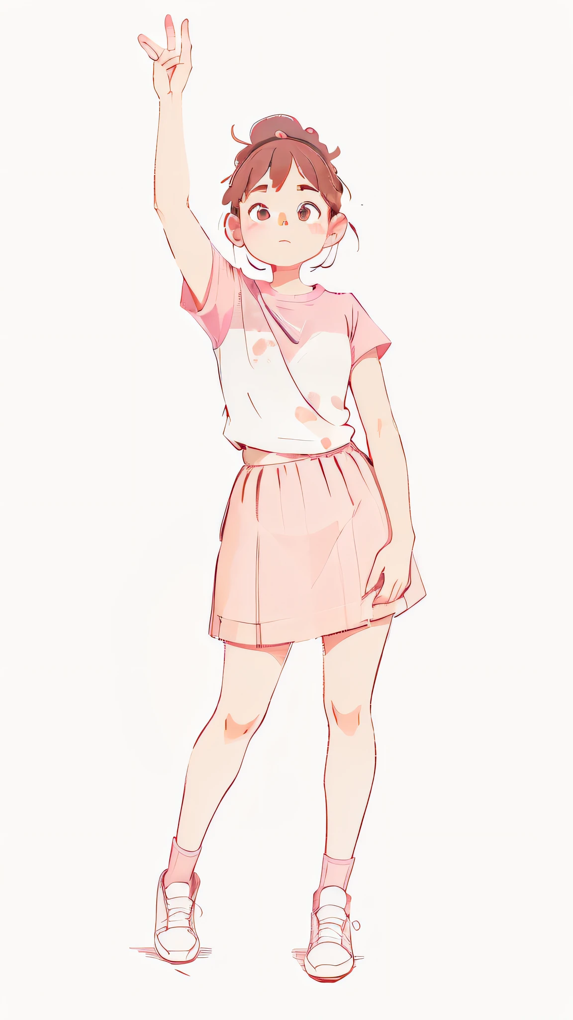 A girl in a skirt waving, full body drawing, line sketch, full body contour pose, line art Behance HD, full body character drawing, perfect line art, casual pose, traditional painting style, best quality. Ultra high resolution, color, watercolor, coloring, pink short sleeves, brown skirt, fair skin tone,