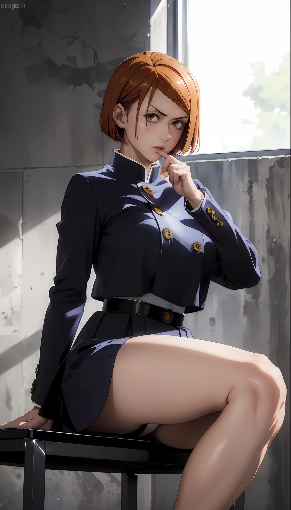 1girl,NSFW , ((masterpiece)) , ((jujutsu kaisen)) , ((kugisaki nobara)) , ((detailed art style)) , ((very detailed)) , ((finely detailed)) , ((beautiful girl)) , ((realistic )) , 20 years old, ((1girl)) , ((best quality)) , (8k cg wallpaper) , ((super cute and sexy)) , ((hyper beauty)) , ((super real)) , ((super detailed)) , (beautiful detailed glow) , high res, high saturation , (perfect anatomy) , ((beautiful detailed face)) , (blush ), (sexual perversion face) , ((beautiful brown short hair), (beautiful detailed eyes), (beautiful detailed shading), (gradient eyes), (cute eyes), (brown eyes), (sexy mouth and lips), (shiny skin), (beautiful big breasts)) , high lights, ((perfect real arms)) , ((perfect real arms)
hands), ((delicate arms)), ((delicate hands)) , ((hand with five delicate fingers)) , ((beautiful five fingers))) , (simple finger shape) , ((perfect royal legs)) , ((beautiful legs)) , (school uniform) , (gakuran) , (black transparent panties) , sitting , open legs , wardrobe , blinds, exposed breasts, lascivious look, huge ass