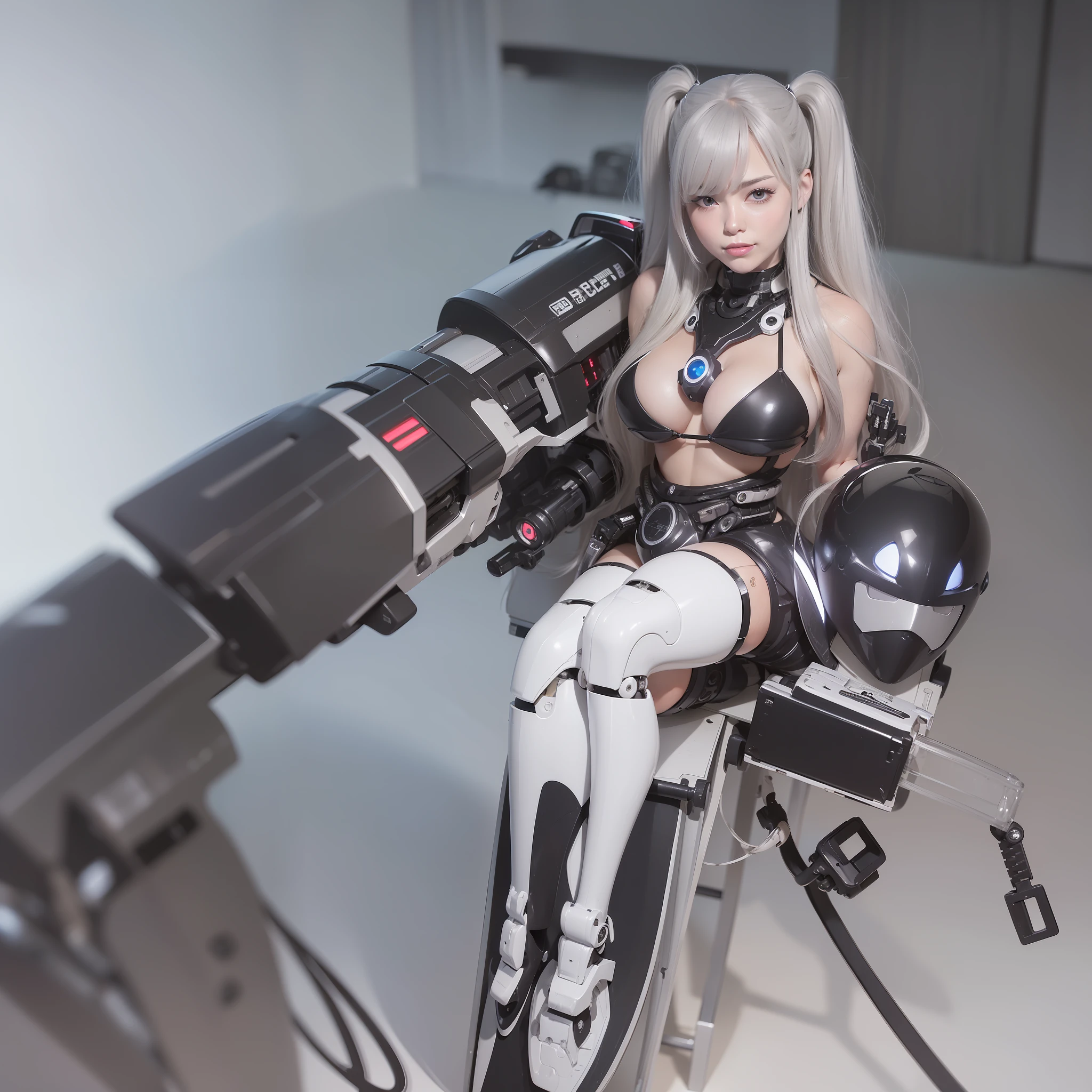 Beautiful Face,1 Woman, Curvaceous, Top Quality, Masterpiece, Ultra Detailed, (((Bikini Cyborg Robot Parts)))), (Light Grey Hair), Long Hair, Wavy Hair, Twin Tails, Medium Shot, (((Seductive Smile)), (Black Eyes), Princess Cut, (Cowboy Shot),Squatting,Spread Your Legs,