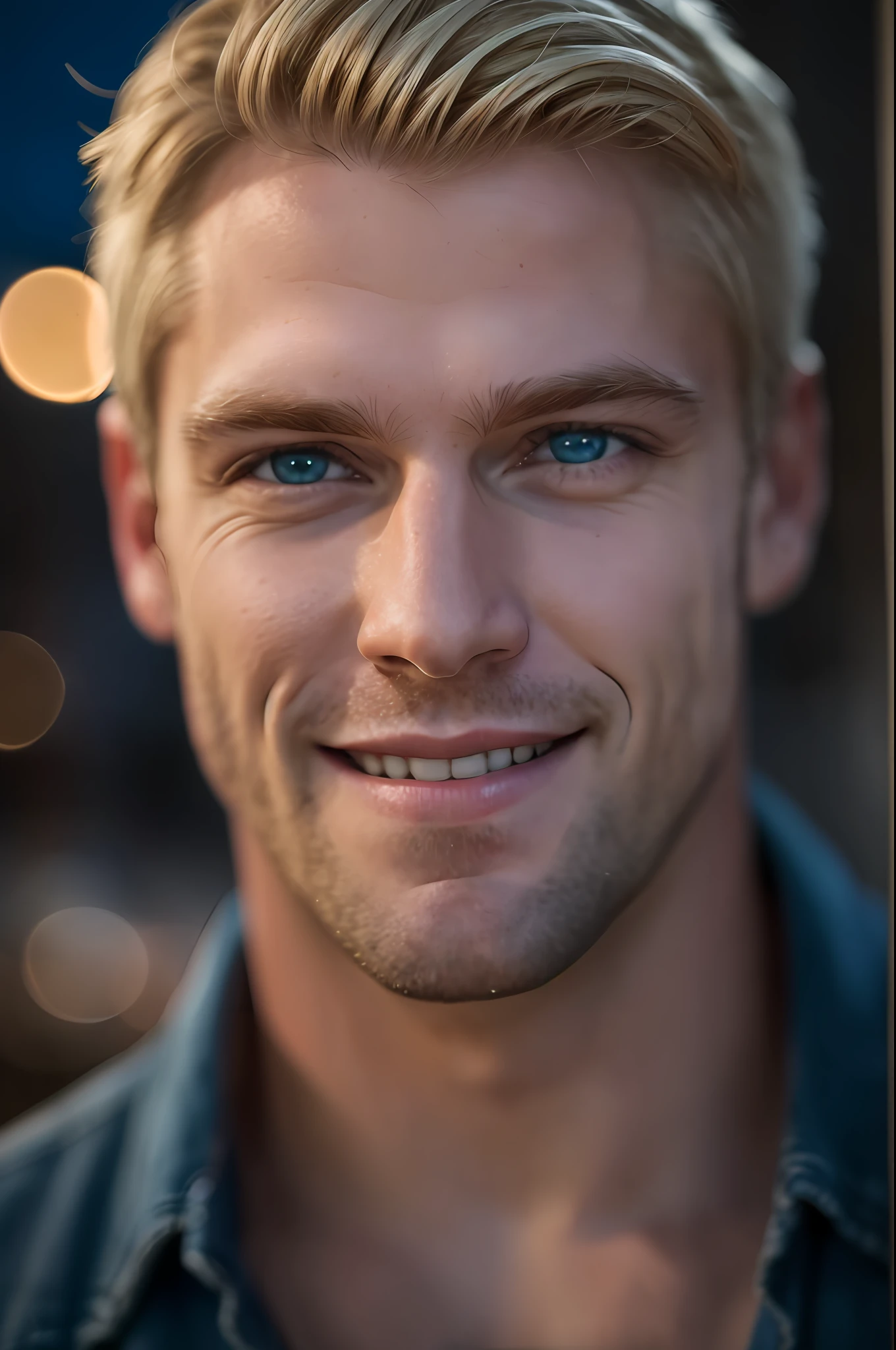 RAW 4k photo of blonde, blue eyed man [smiling:0.5] downtown at night, bokeh