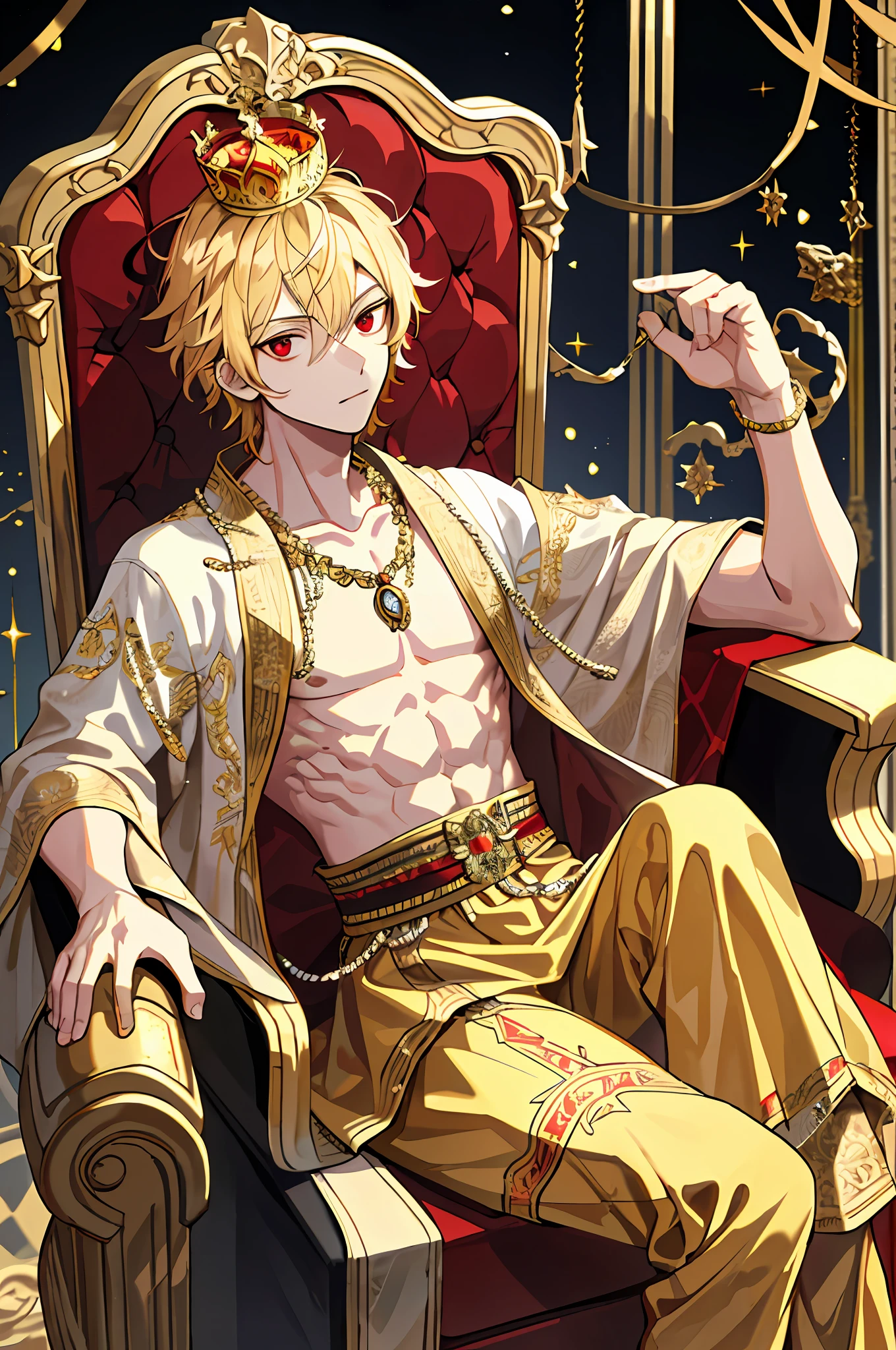 Young man with a crown on his head, kingly air, sitting on a throne with a lion lying at his feet, ornate ornaments, chest muscles, red eyes, blond hair