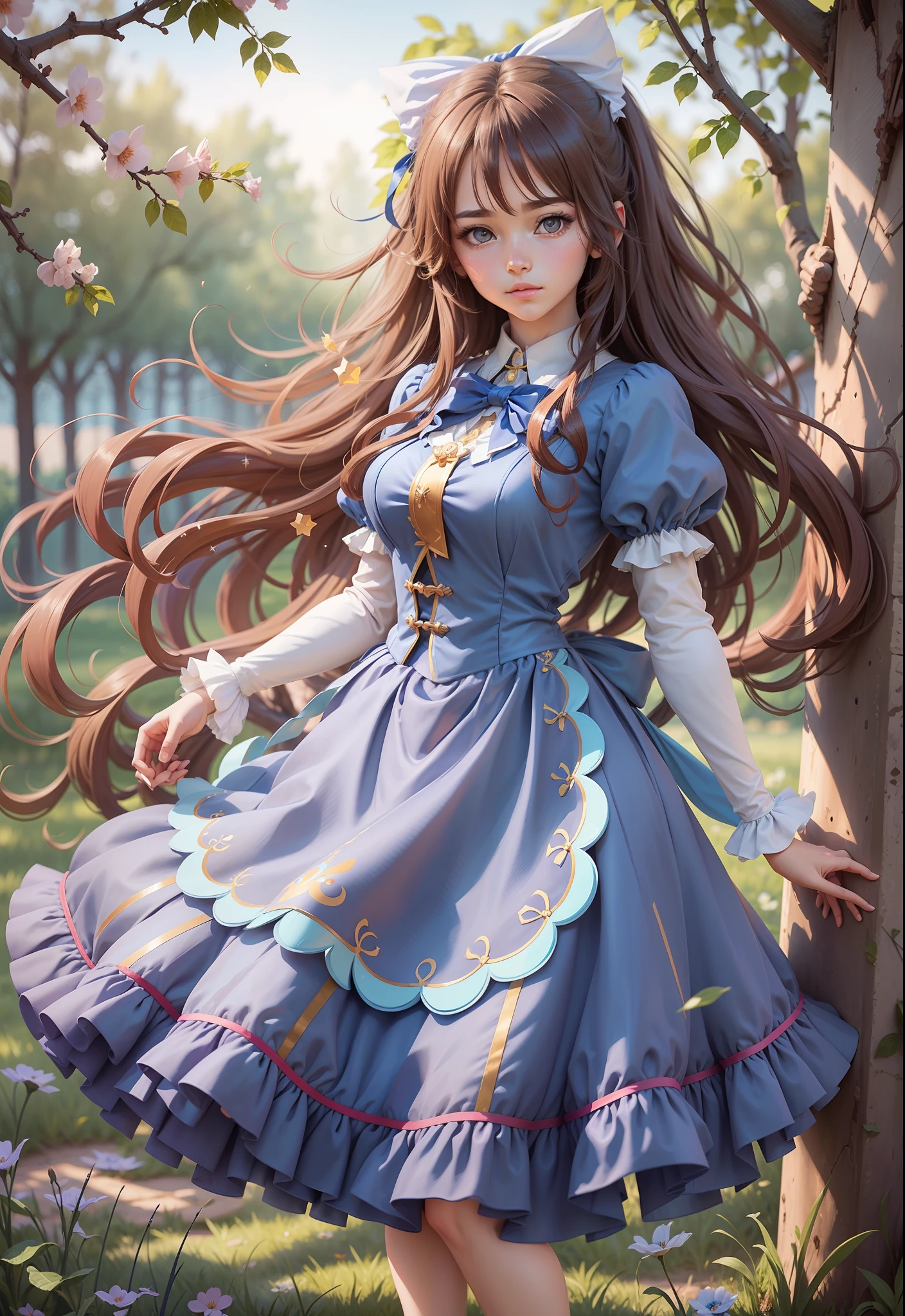 Long hair and blue dress bow, (magical girl: 1.1), outdoor, (absolute field: 1.2), extremely detailed digital anime art, (realism: 1). #auto #s2