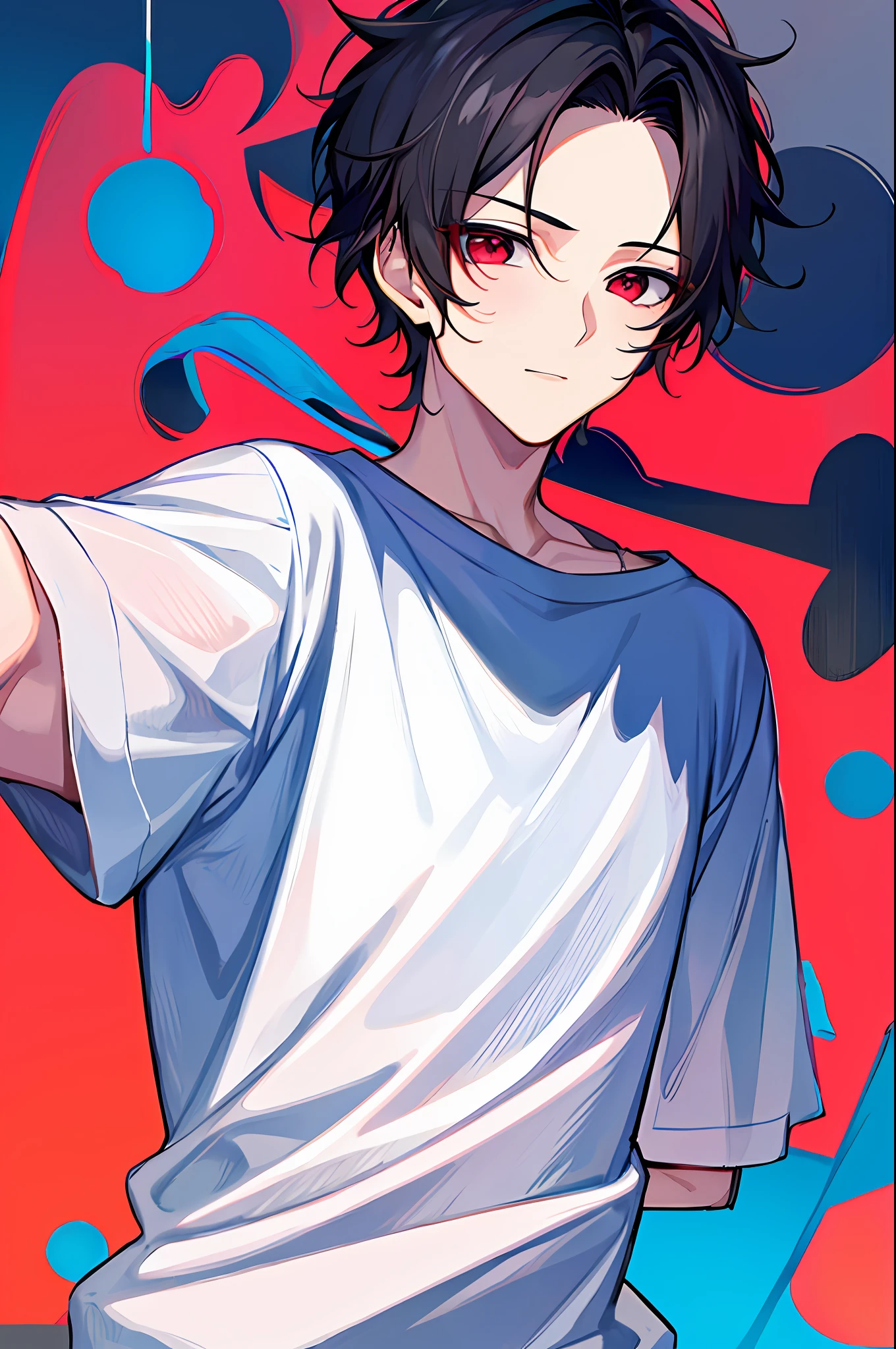 1 boy, handsome boy, black hair, comma hair, forehead comma hair, korean hair, Red eyes, T shirt, pink and blue splash, looking at viewer, upper body