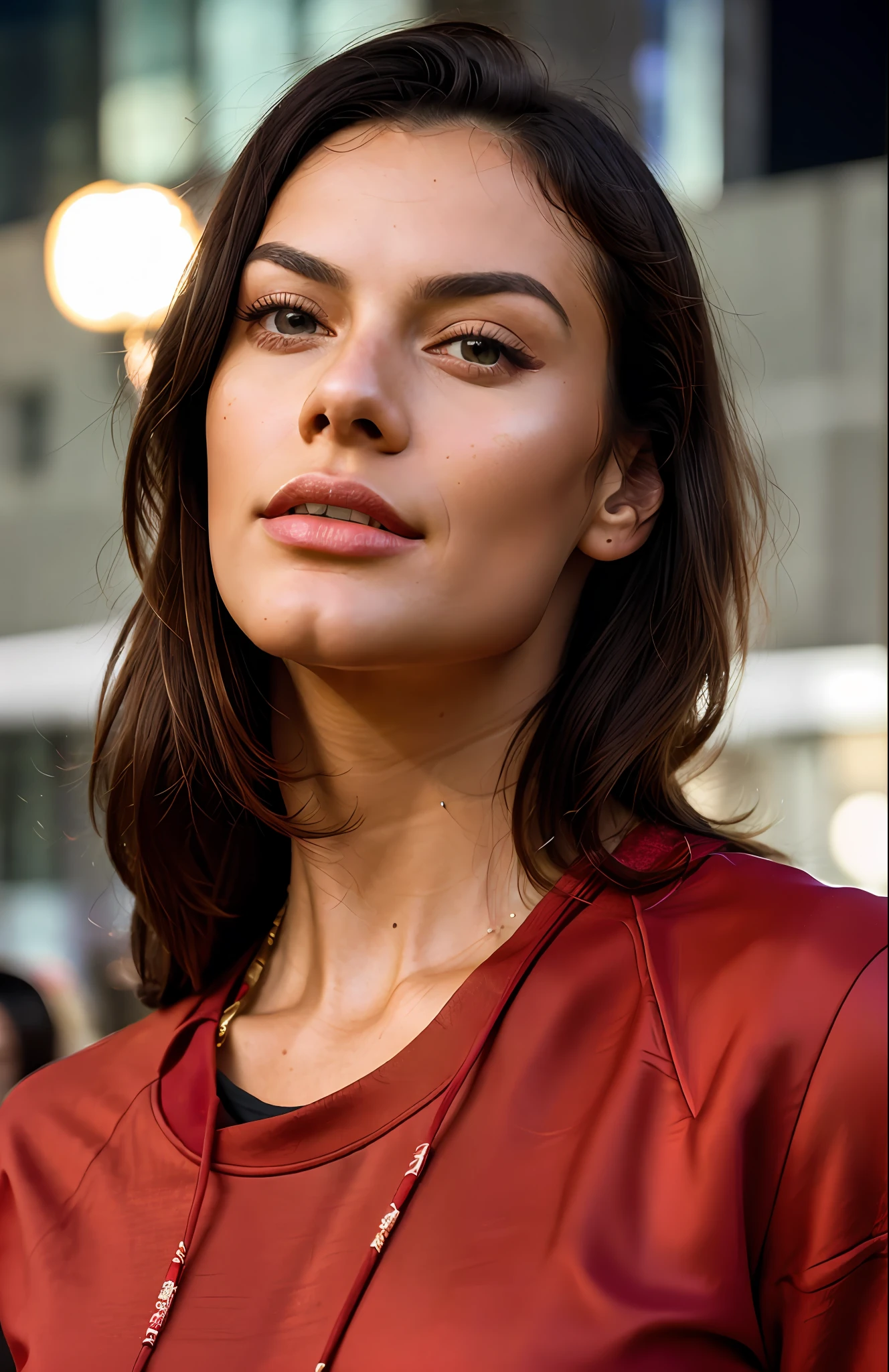 High angle photo of a beautiful young woman at night, in the style of Stefan Kostic, ABS, realistic skin texture, looks up, red sweatshirt, 1/2 body cut, 8 5 mm artistic lens, F 1. 2, sharp focus, 8K high definition, insanely detailed, intricate, elegant, art by Stanley Lau and Artgerm
