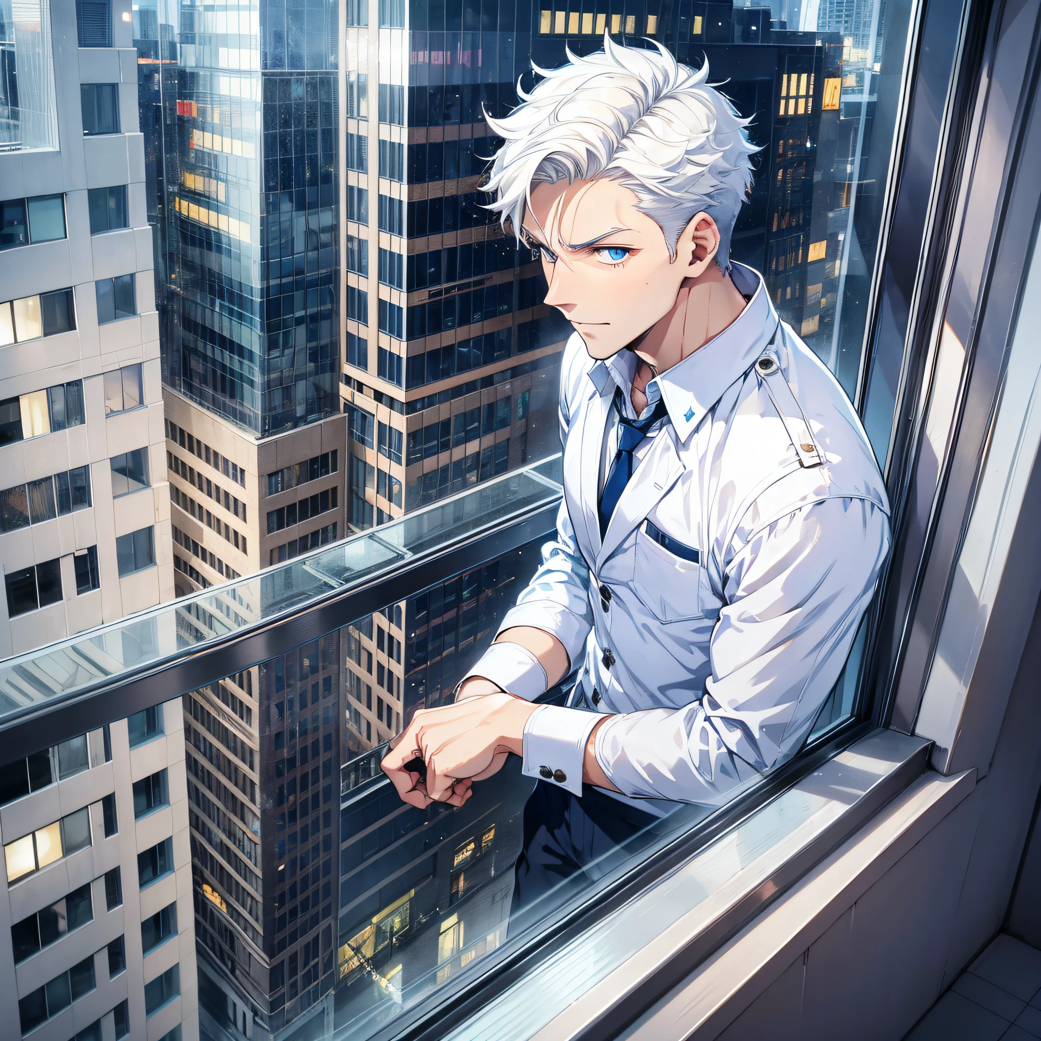 Handsome man, short white hair, blue eyes, greeting, embarrassed expression, outside the window, outside the tall building, floor-to-ceiling window, night