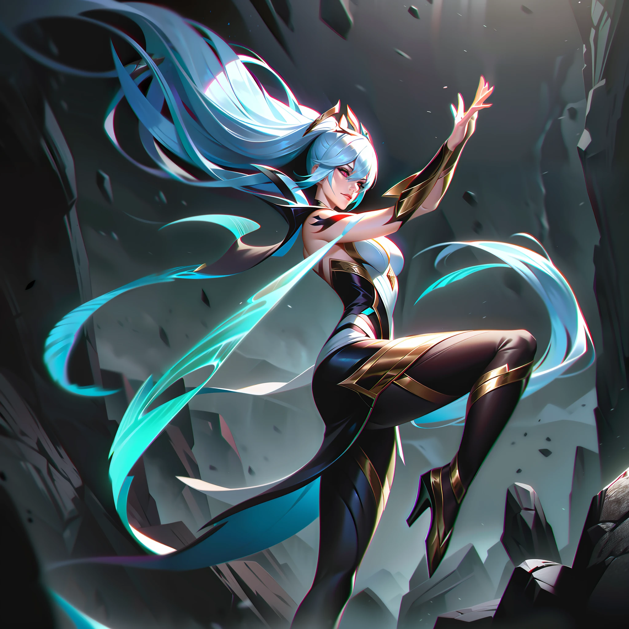 Seraphina, the Blade Dancer, is depicted in her splashart as an agile and lethal warrior, possessing the power to extend the cutting length of bladed weapons and navigate with ease on challenging terrain. The scene is set in a treacherous and rocky mountain range, where jagged cliffs and swirling winds create a perilous environment.

Seraphina is a lithe and graceful champion, her body adorned with intricate tattoos that mirror the patterns of her bladed weapons. Her vibrant, flowing hair matches the color of her weapons, symbolizing her affinity with the blades. She wears a form-fitting, agile armor that provides both protection and freedom of movement, allowing her to execute her swift and precise attacks.

With a fluid motion, Seraphina extends the length of her bladed weapons, transforming them into deadly, elongated versions. These extended blades emit a radiant and ethereal glow, showcasing their enhanced cutting potential. Seraphina wields them with expertise, her movements a blur of speed and precision as she dances across the difficult terrain.

Her eyes gleam with a focused determination, reflecting her unwavering concentration and mastery of her blade manipulation powers. Her expression is one of fierce intensity, displaying her unwavering resolve in the face of any challenge.

The mountainous backdrop is treacherous and awe-inspiring, with steep cliffs, rocky outcrops, and swirling winds. Seraphina gracefully navigates the terrain, her agile movements defying the gravity that binds others. The rocks crumble and crack beneath her nimble steps, emphasizing her ability to traverse challenging landscapes with ease.

The color palette is dominated by deep blues, earthy browns, and vibrant highlights of silver and white. The contrast between the dark rocks and Seraphina's radiant blades accentuates her presence, splashart, linhas de corpo, cores vibrantes, detalhes requintados, cinematográfico, artstation, rosto detalhado, por rossdraws, por Kienan Lafferty