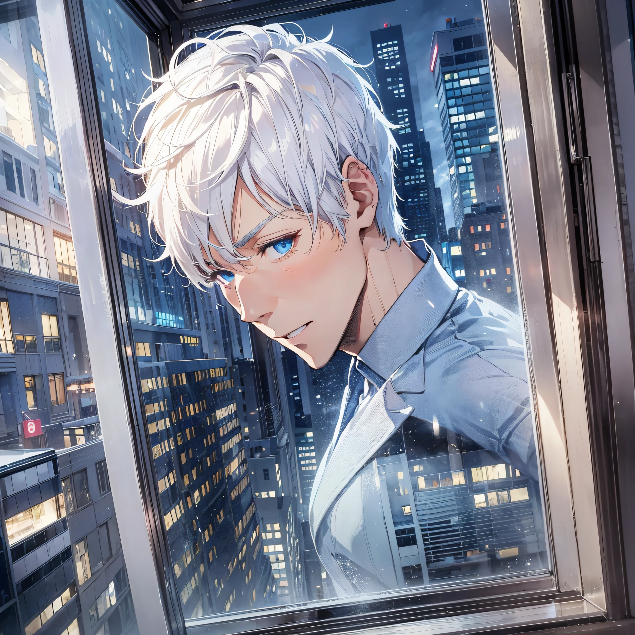 Handsome man, short white hair, blue eyes, greeting, embarrassed expression, outside the window, outside the tall building, floor-to-ceiling window, night