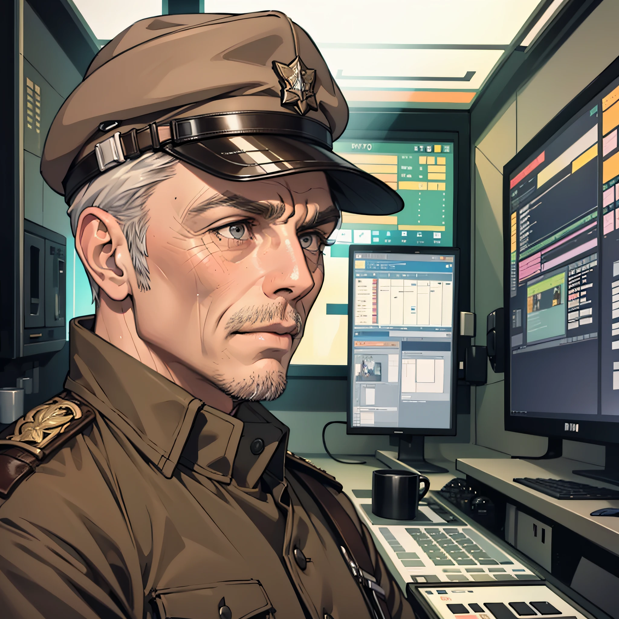 Older man, wrinkled, fine eyes, brown military uniform, looking at screen, with hat, control room background, sad