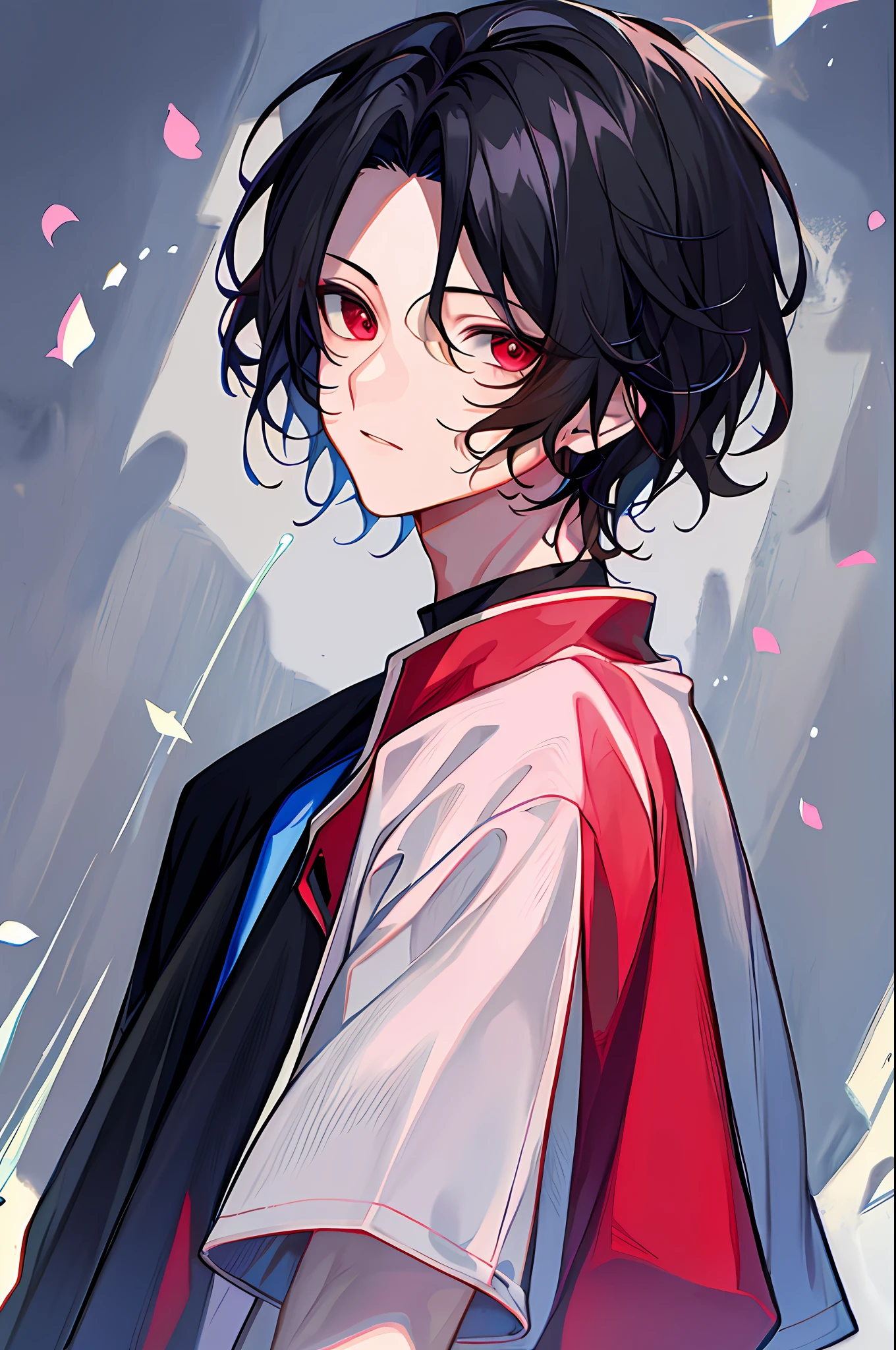 1 boy, handsome boy, black hair, comma hair, forehead comma hair, korean hair, Red eyes, T shirt, pink and blue splash, looking at viewer, upper body