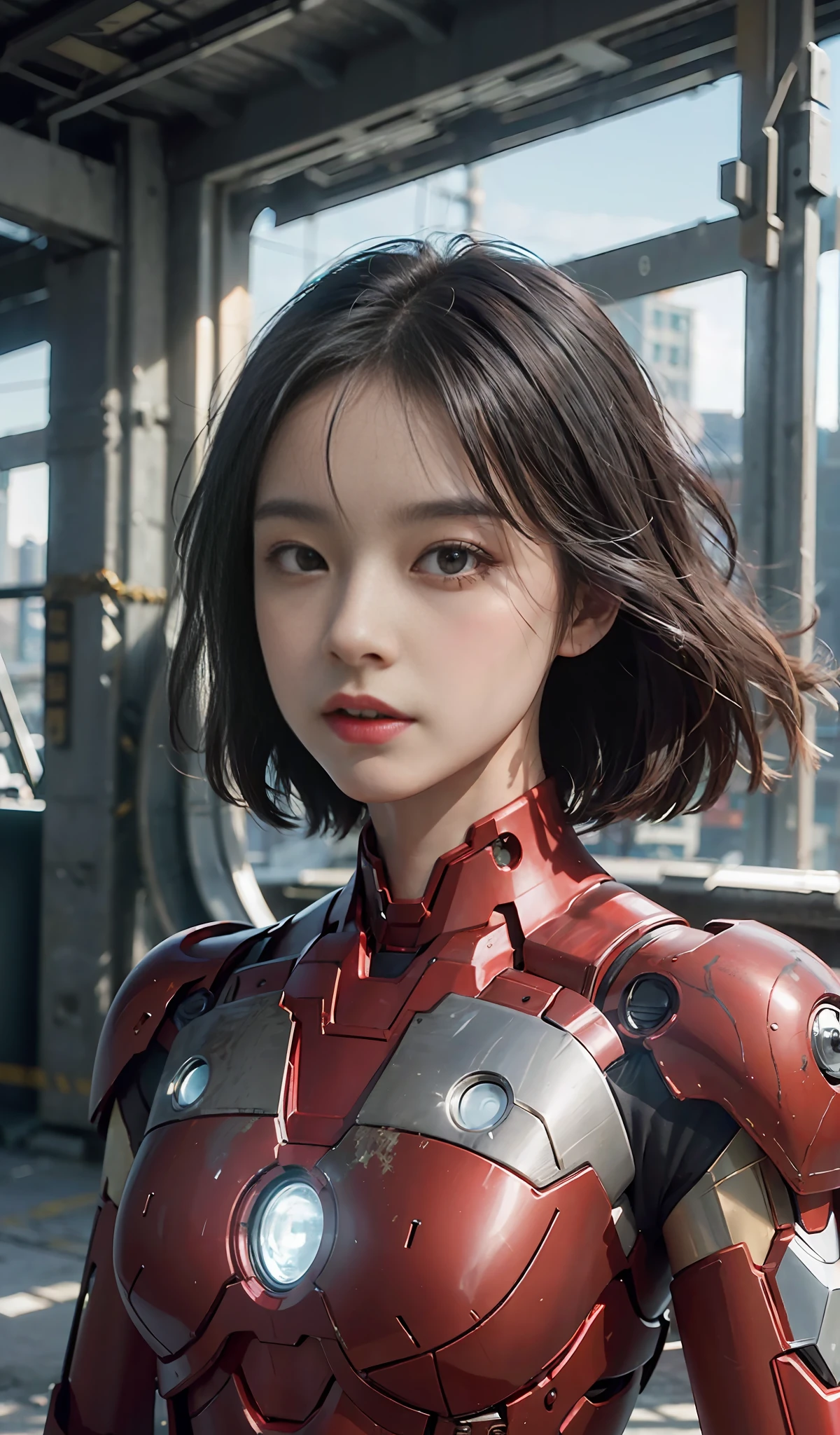 (1girl:1.3), solo, __body-parts__, official art, unified 8k wallpaper, super detailed, beautiful and aesthetic, beautiful, masterpiece, best quality, raw, masterpiece, super fine photo, best quality, super high resolution, photorealistic realism, sunlight, full body portrait, amazing beauty, dynamic pose, (facing the audience), delicate face, vibrant eyes, , a woman, (wearing a futuristic red-gold Iron Man mech), Very detailed abandoned warehouse background, detailed face, gorgeous, milky white, sharp focus, DSLR, high quality, film grain, fair skin, photo realism, lomography, huge metropolis in future dystopia,