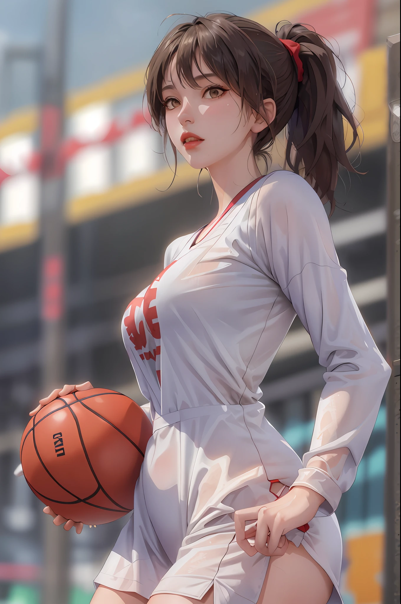 Masterpiece: 1.2, best quality), realistic, (real picture, rich details details, depth of field), (1girl, solo), makeup, cleft lip, high detail, perfect face shape, (big breasts: 1.4), (skindentation), long legs, thin waist, Tall, Coral, Red Lips, Red Eyes, Ponytail, (((Girl playing basketball, Clear Basketball Suit)))), (Sweat: 1.2), (Wet), Sexy, Blushing, Sweaty