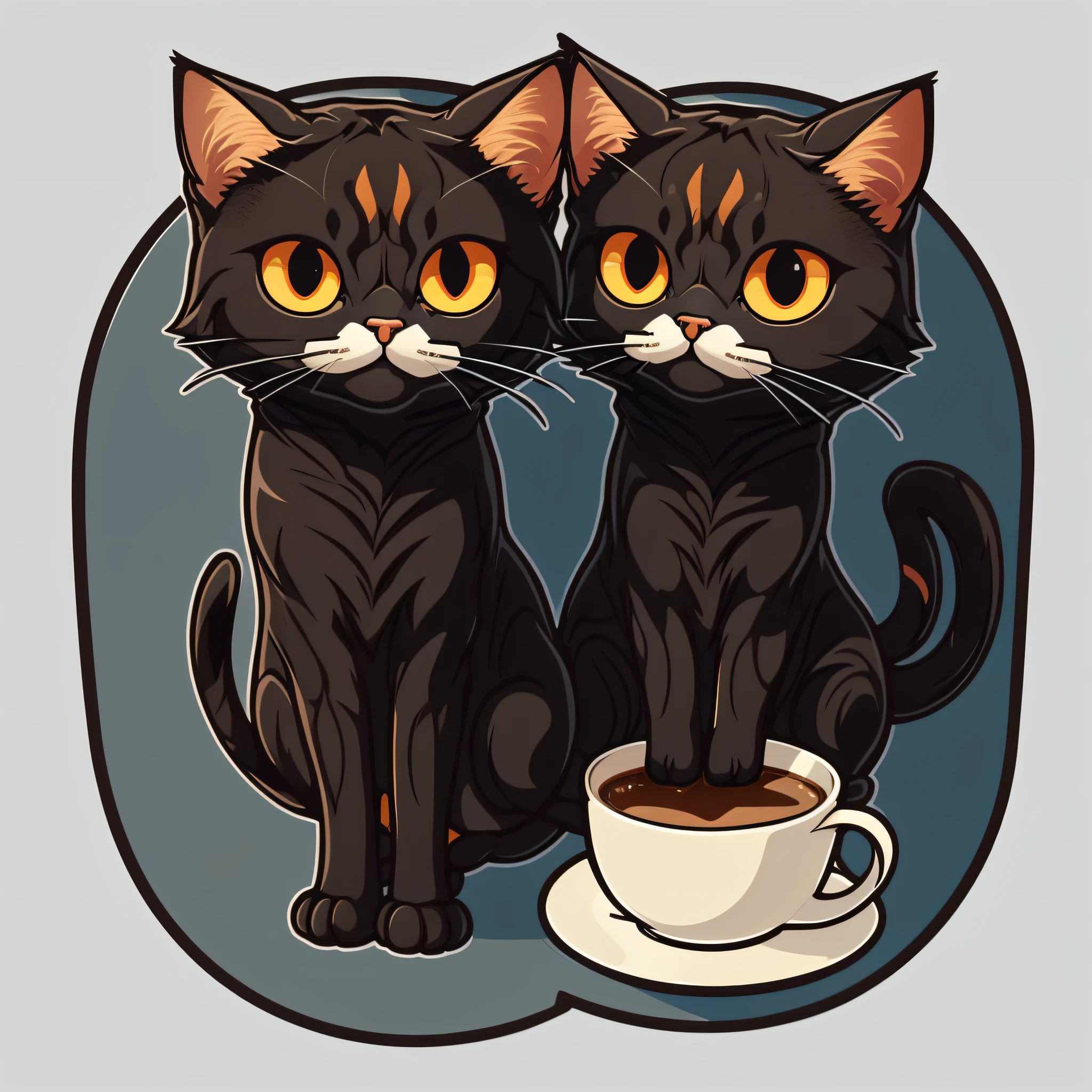 cat drinking coffee (Image with black border, flat cartoon style, 2D --niji --v 5), vector, neutral background, sticker, centered, symmetrical, good anatomy ,whole cup inside a circle, perfect body, perfect, symmetrical, sticker, detailed,one head,no deformations