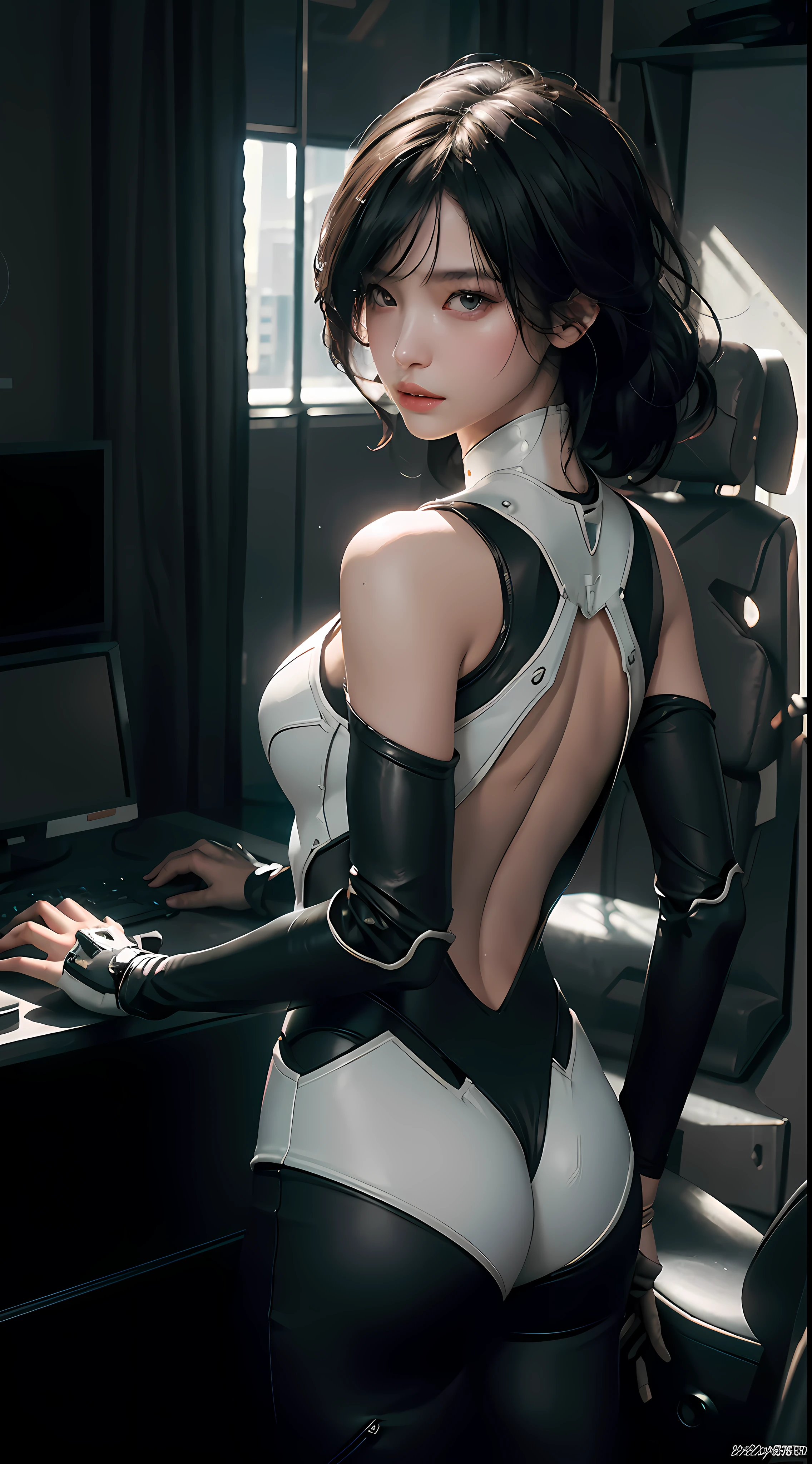 Highest image quality, outstanding details, super high resolution, (fidelity: 1.4), best illustration, favor details, highly condensed 1girl, with a delicate and beautiful face, dressed in black and white mecha, bare shoulders, open back, mechanical sense, Ex Machina, beauty, bright colors, real light and shadow, cinematic light, 8K picture quality, high image quality and high quality, outstanding rendering, Unreal Engine, the background is the high-tech lighting scene of the future city.