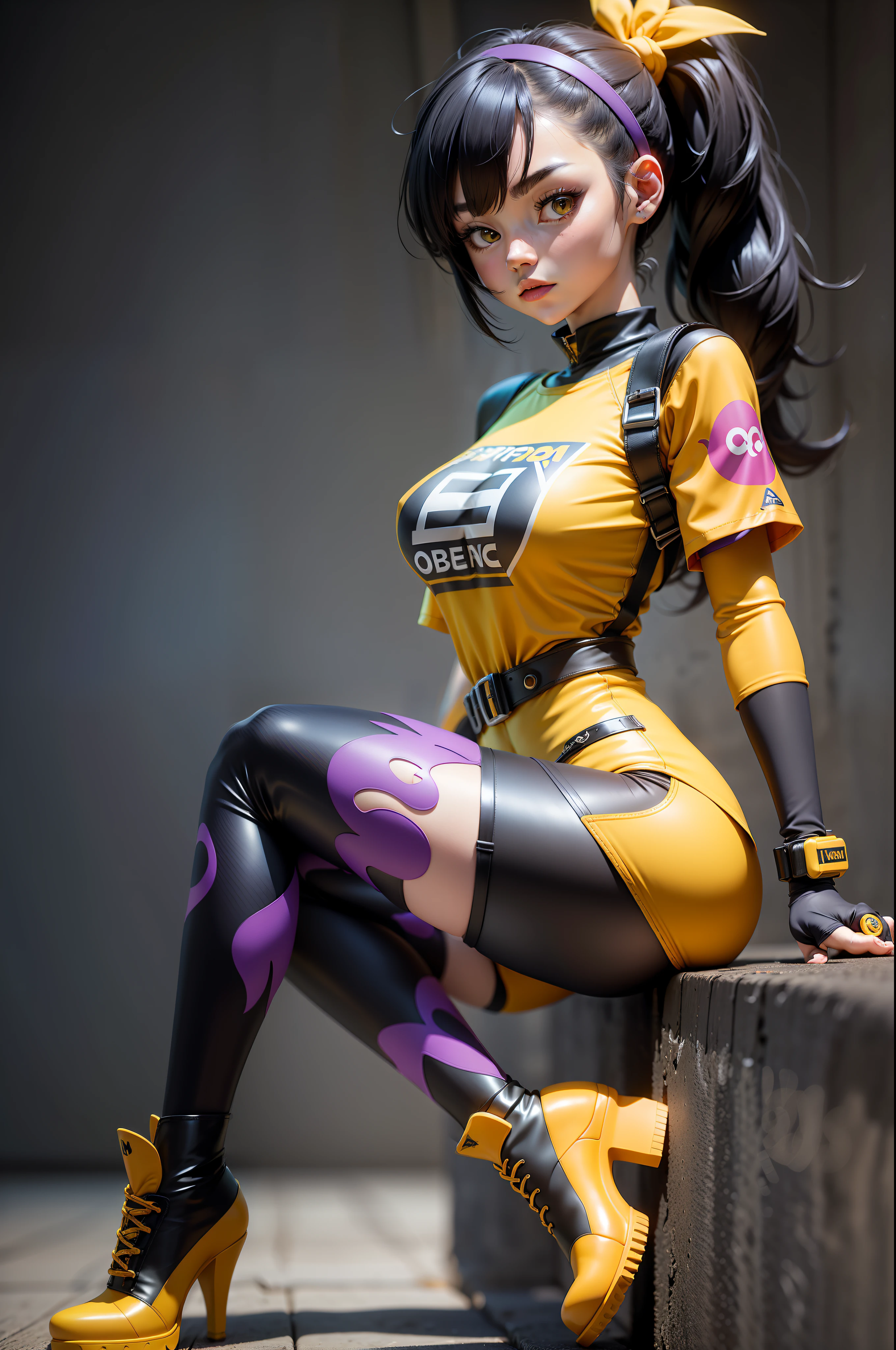 3dmm style, (masterpiece, best quality), intricate details, 1girl, solo, bea\(pokemon\), loose hair band, printed shirt, black bodysuit, bodysuit under clothes, single glove, print shorts, knee pads, barefoot, looking to the front side, full body, both hands resting on the waist, yellow and purple clothing, black hair, mysterious look, wearing high heeled boots