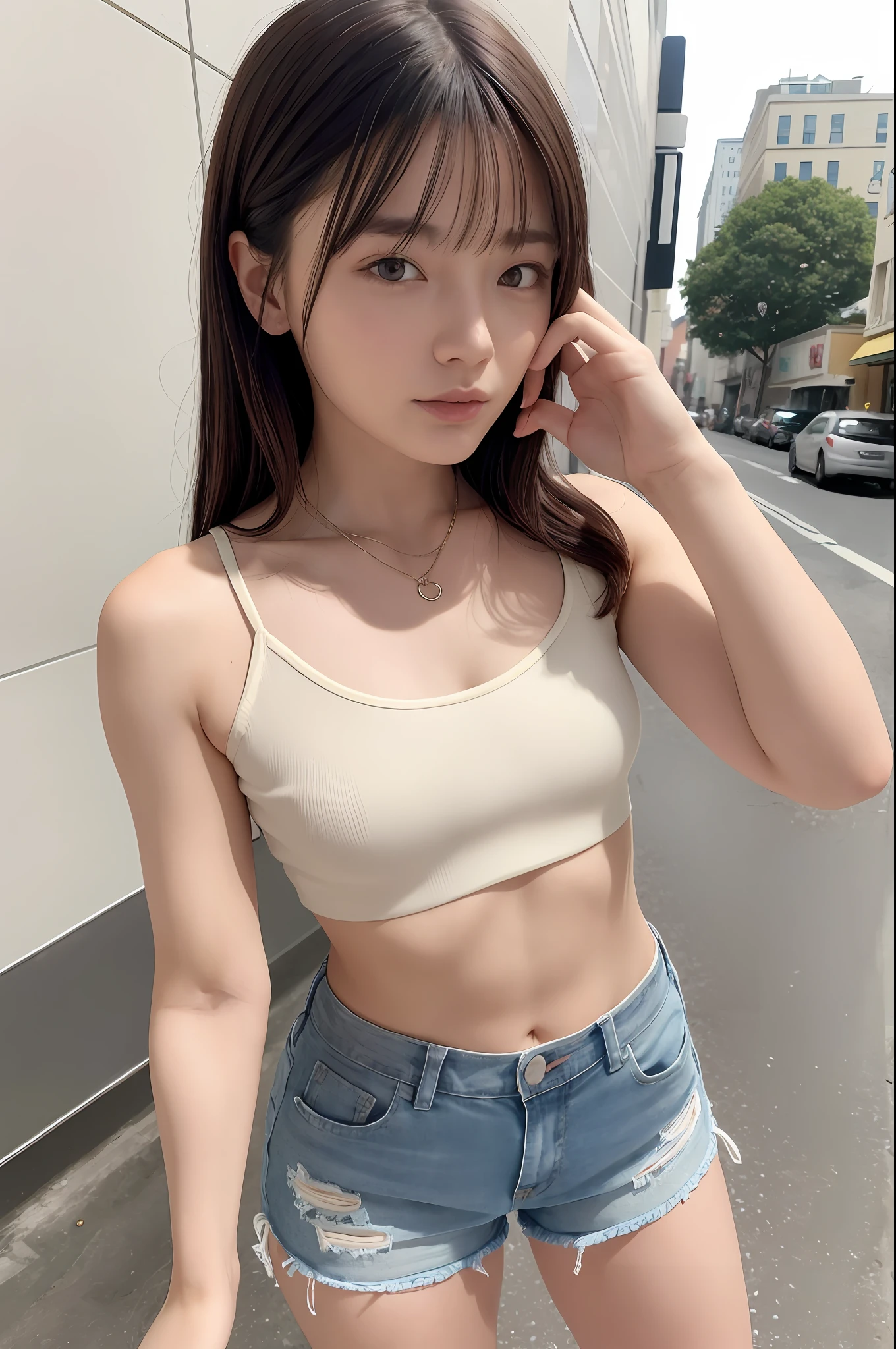 ((medium breast, tomboy girls, small head)),  (chiseled abs : 1.1), (perfect body : 1.1), (short wavy hair : 1.2) , auburn hair, collar, chain, full body shot, crowded street, wearing black tanktop, jeans jacket, ((shorts)), (extremely detailed CG 8k wallpaper), (an extremely delicate and beautiful), (masterpiece), (best quality:1.0), (ultra highres:1.0)