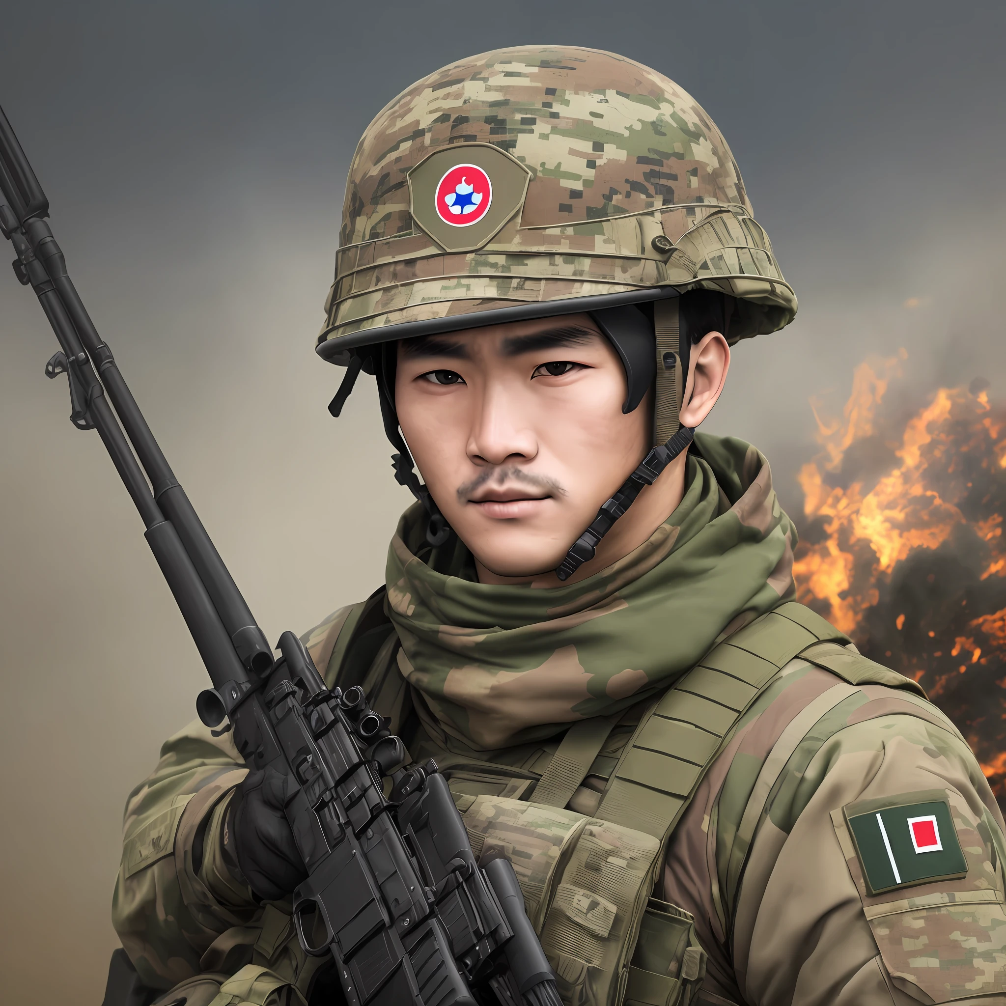 On the battlefield of the War to Resist US Aggression and Aid Korea, a volunteer soldier wearing a military hat uses AK47, Dark Art, Obscure, Dark Web, 4K --auto --s2