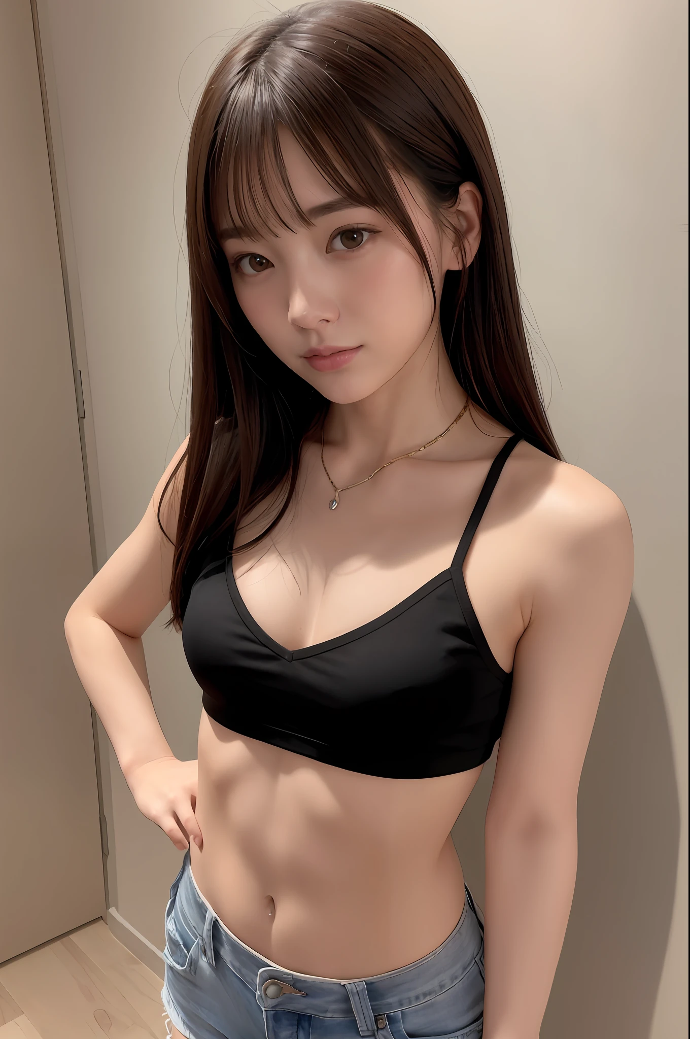 ((medium breast, tomboy girls, small head)), (chiseled abs : 1.1), (perfect body : 1.1), (short wavy hair : 1.2) , auburn hair, collar, chain, full body shot, crowded street, wearing black tanktop, jeans jacket, ((shorts)), (extremely detailed CG 8k wallpaper), (an extremely delicate and beautiful), (masterpiece), (best quality:1.0), (ultra highres:1.0)