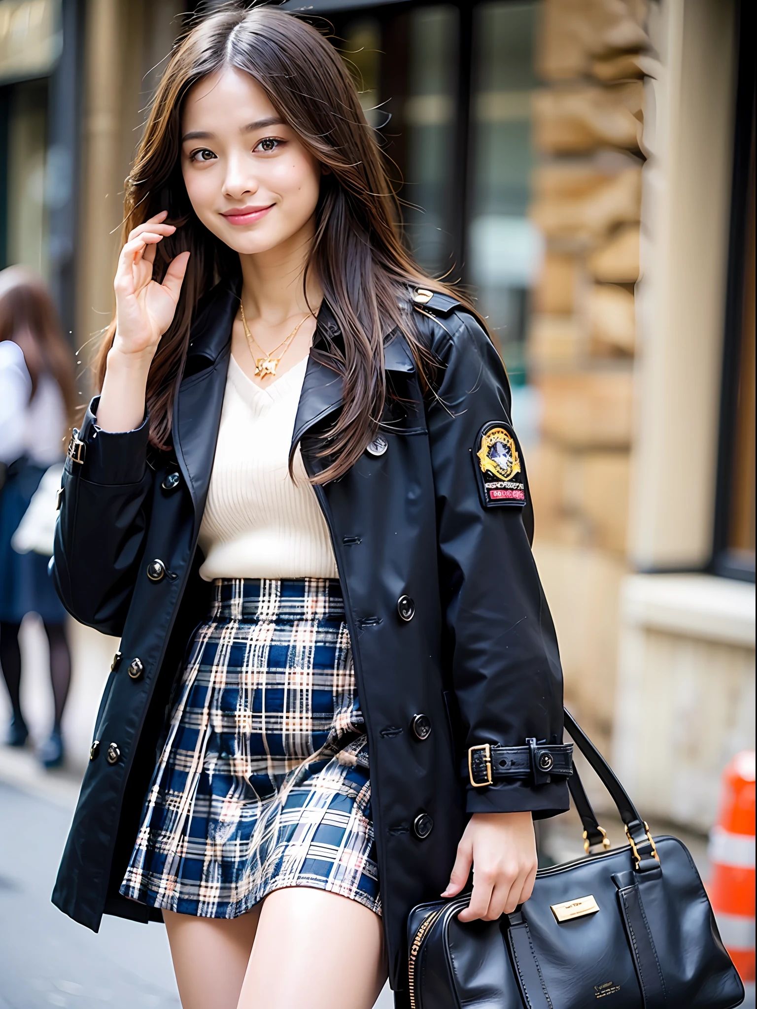 18 year old girl, perfect face and thighs, café, hands in sticky pose, cute clothes, slim physique. The skin has detailed and highly detailed eyes (emphasis 1.1), very detailed skin texture (emphasis 1.1). Slender necklace, model photo style, realistic, skin texture is real human skin texture, skin pores are delicate, details are intricate, eyes are very detailed, black plaid skirt: 1.5, G Cowboy leather boots: 1.2, beige trench coat, black bag, street, smile,