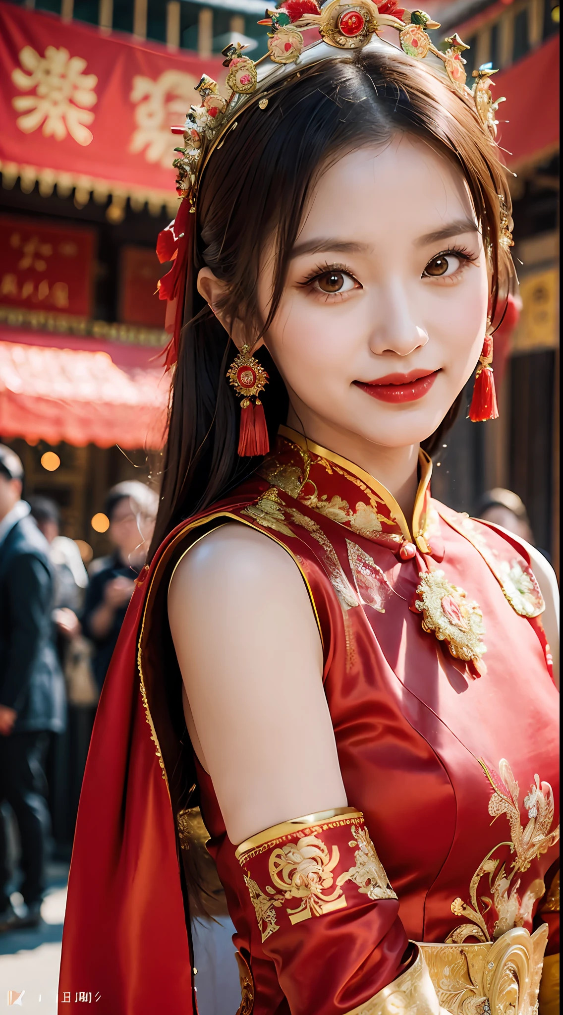 (8k, RAW Photo, Best Quality, Masterpiece: 1.2), (Realistic, Realistic: 1.37), 1 Girl, Woman in Red Dress and Headdress Posing for Photo, Gorgeous Role Play, Beautiful Costume, Chinese Dress, Complex Dress, Complex Costume, Traditional Beauty, Gorgeous Chinese Model, Chinese Costume, Wearing Gorgeous Costume, Wearing Elegant Chinese Xiuhe Dress, Chinese Wedding Dress, Phoenix Crown Xia Hanging, Antique Bride, Xiuhe Costume, Close Up, Wearing Phoenix Crown, Smile, No Watermark, Dragon and phoenix embroidered dress, big breasts but not exposed