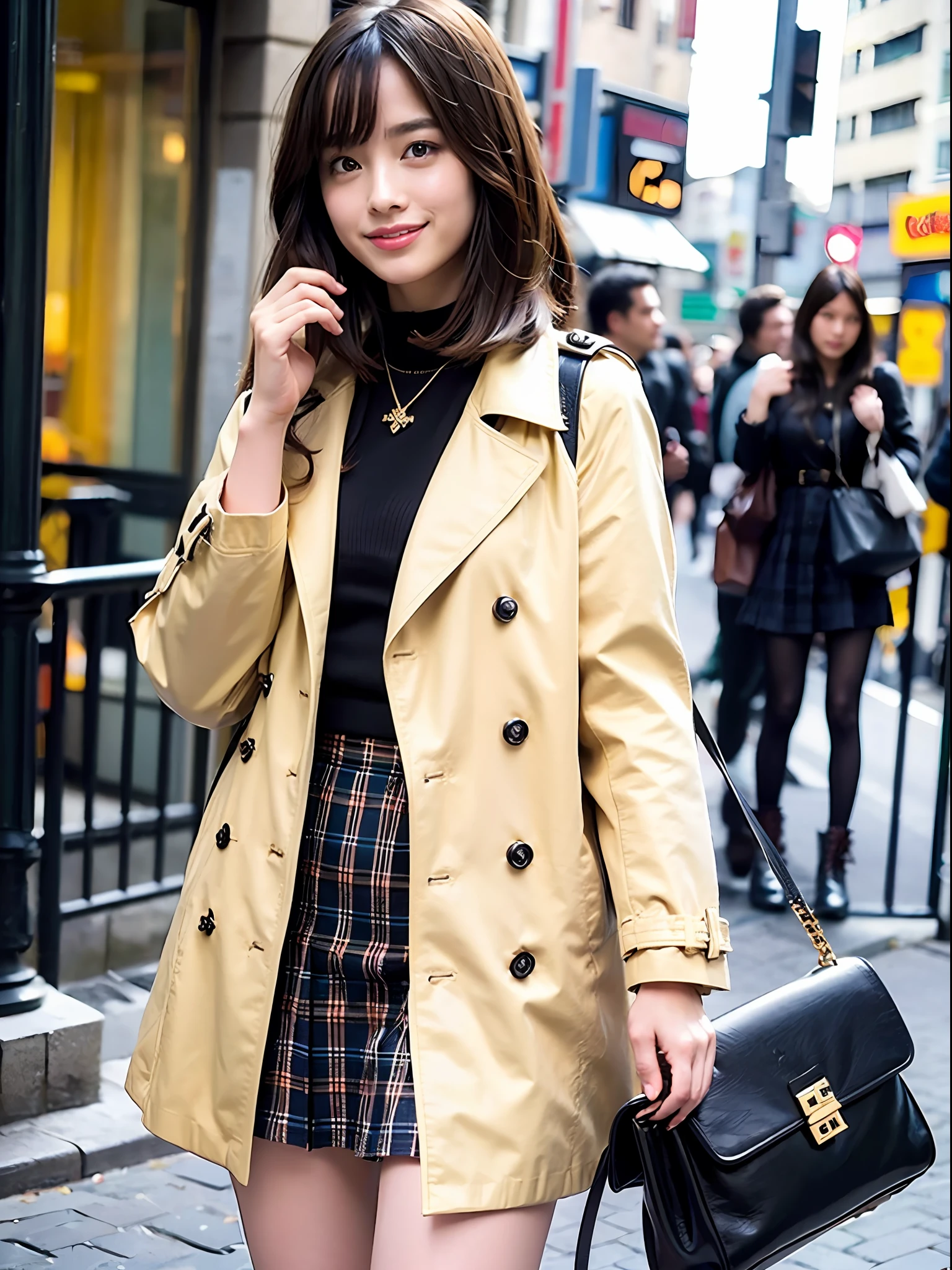 18 year old girl, perfect face and thighs, café, hands in sticky pose, cute clothes, slim physique. The skin has detailed and highly detailed eyes (emphasis 1.1), very detailed skin texture (emphasis 1.1). Slender necklace, model photo style, realistic, skin texture is real human skin texture, skin pores are delicate, details are intricate, eyes are very detailed, black plaid skirt: 1.5, G Cowboy leather boots: 1.2, beige trench coat, black bag, street, smile,