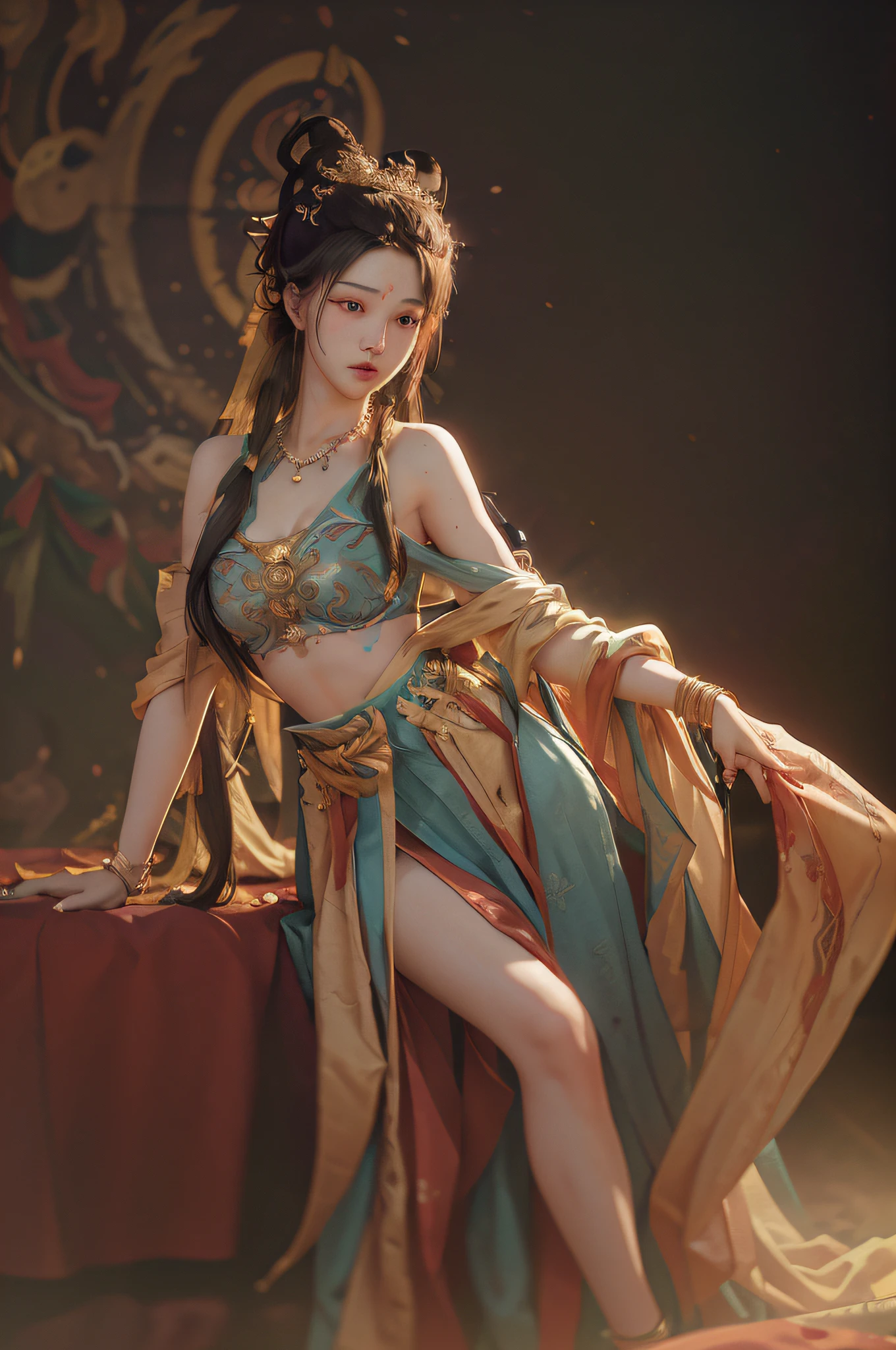 nsfw,(RAW photo, best quality),(realistic, photo-realistic:1.3),best quality,highly detailed,masterpiece,ultra-detailed,illustration,1girl,full_body,dynamic angle,world masterpiece theater,messy_long_hair,best quality,extremely detailed CG unity 8k wallpaper,ink,Amazing,cinematic lighting,lens_flare,dunhuang_style,