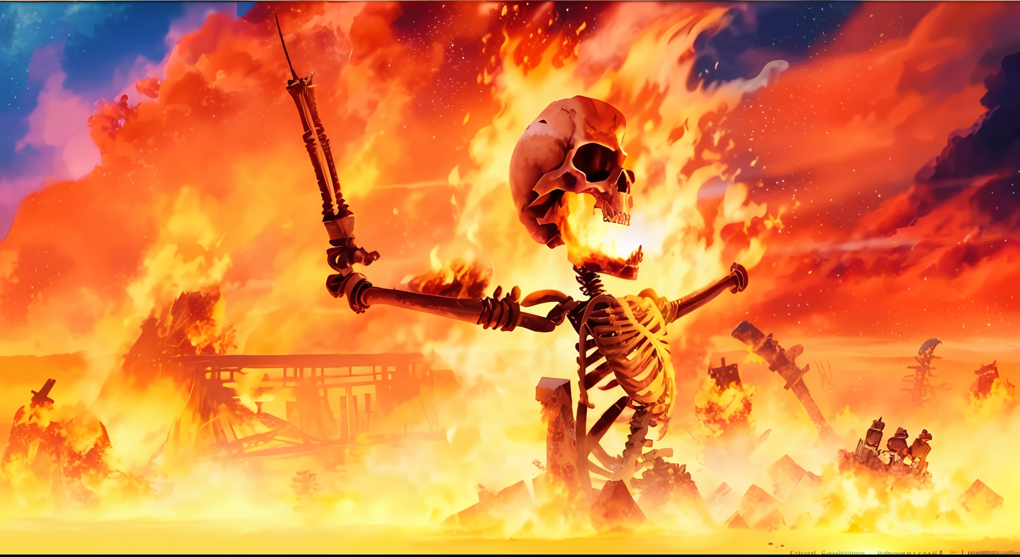 scenery, fire charring skeleton, fire, skeleton burning in fire